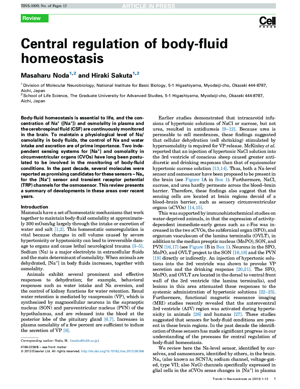 Central regulation of body-fluid homeostasis