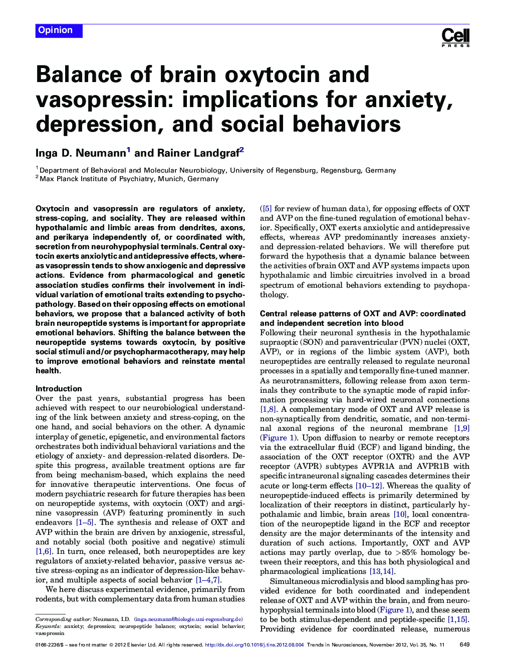 Balance of brain oxytocin and vasopressin: implications for anxiety, depression, and social behaviors