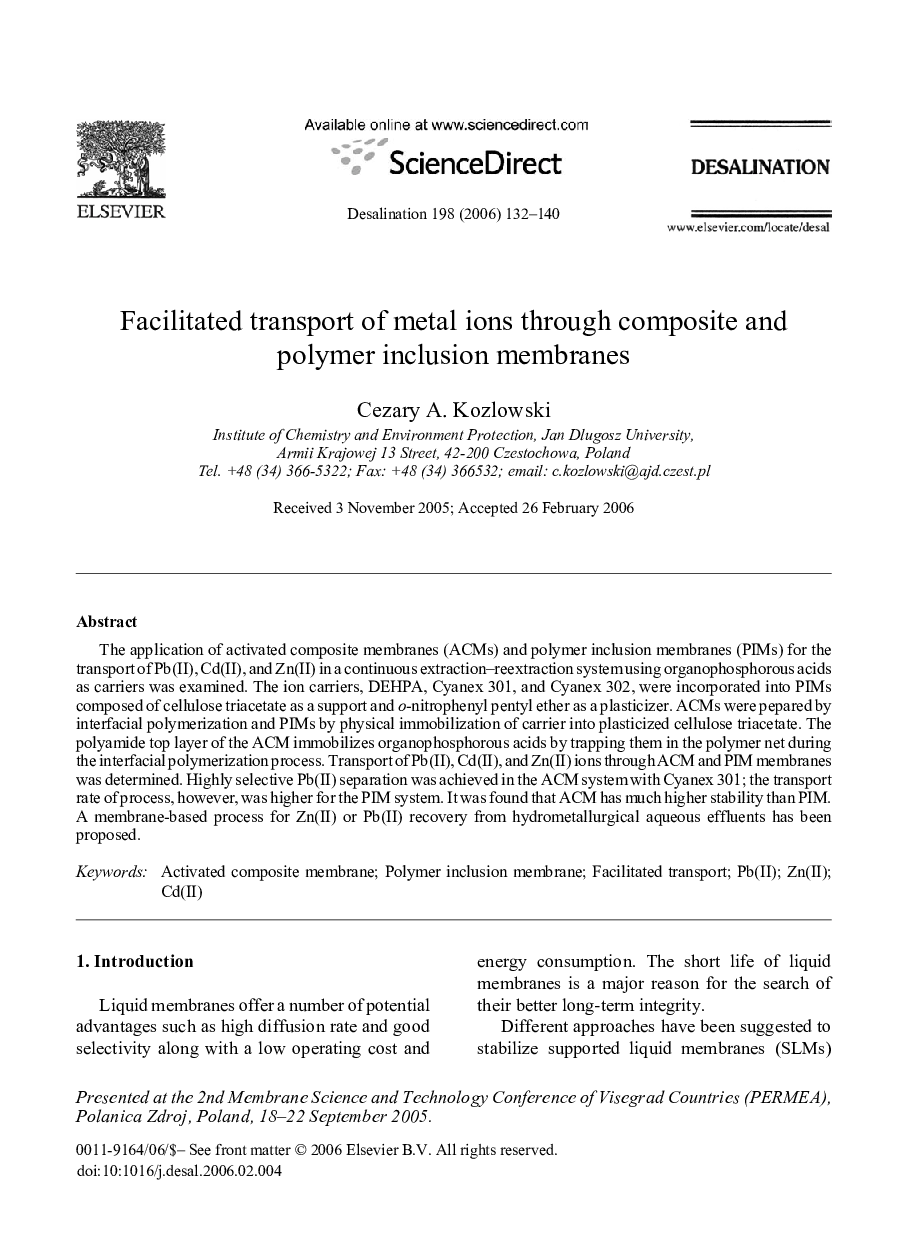 Facilitated transport of metal ions through composite and polymer inclusion membranes