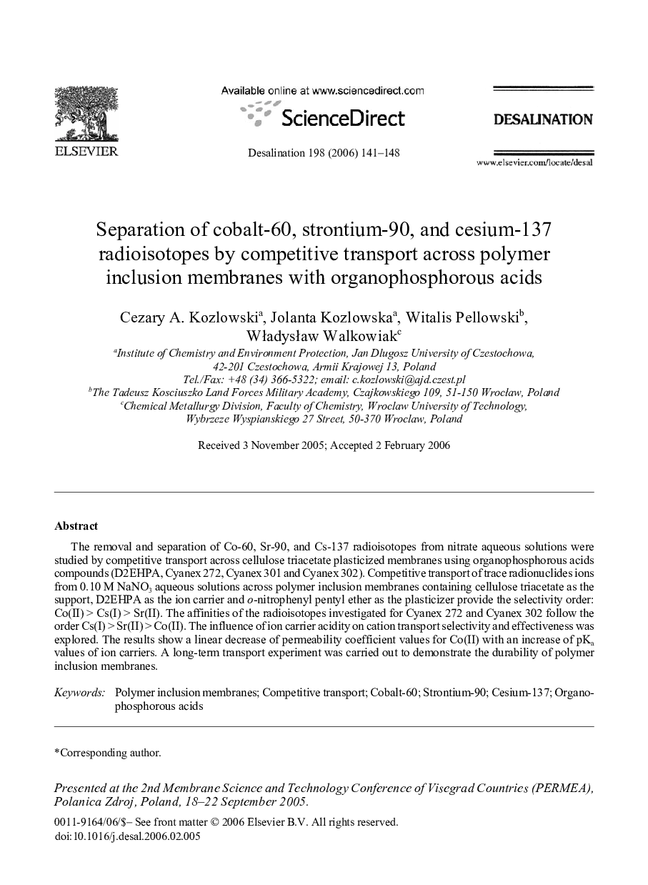 Separation of cobalt-60, strontium-90, and cesium-137 radioisotopes by competitive transport across polymer inclusion membranes with organophosphorous acids