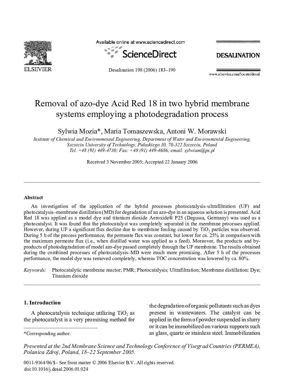 Removal of azo-dye Acid Red 18 in two hybrid membrane systems employing a photodegradation process