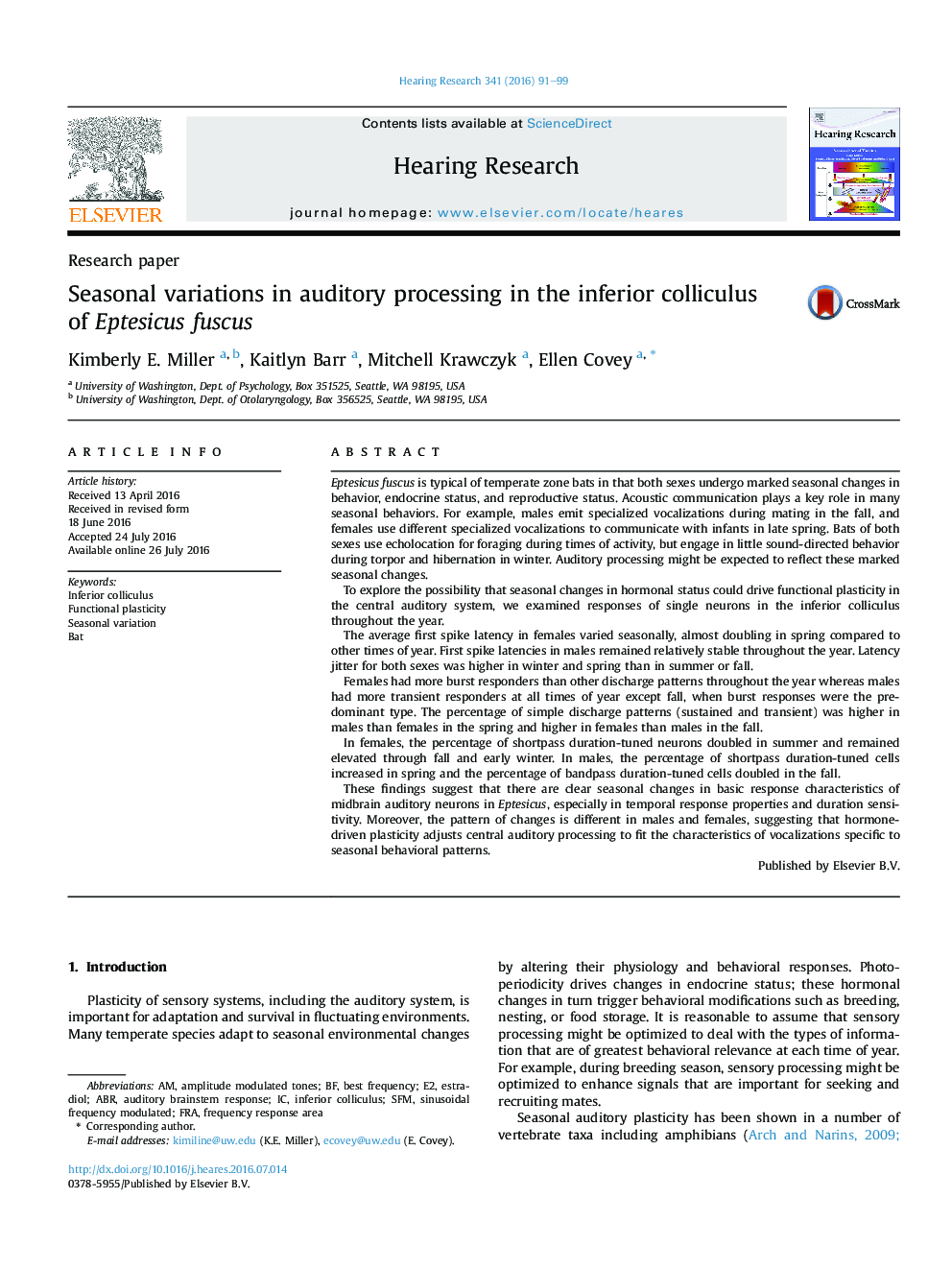 Research paperSeasonal variations in auditory processing in the inferior colliculus of Eptesicus fuscus