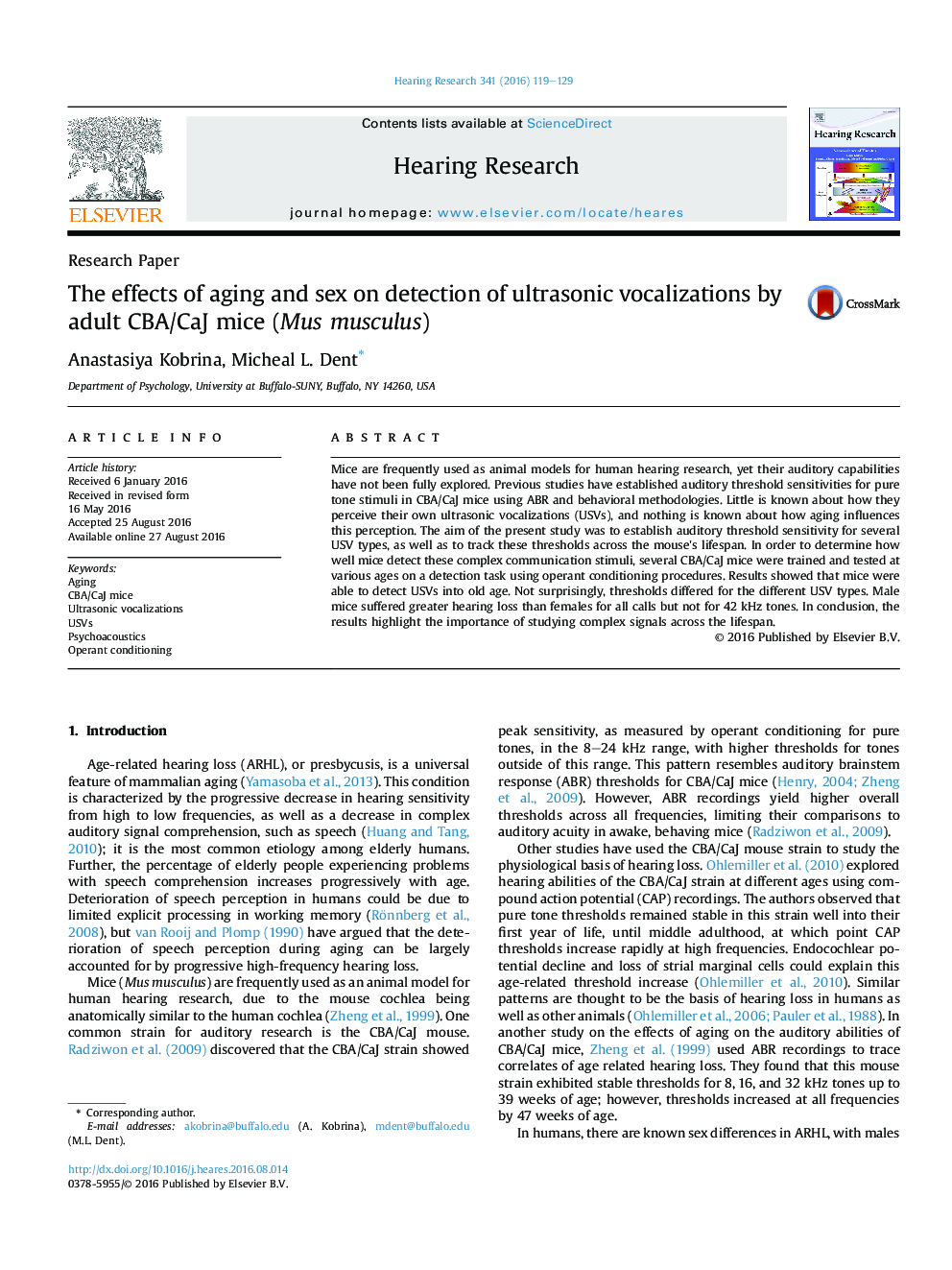 The effects of aging and sex on detection of ultrasonic vocalizations by adult CBA/CaJ mice (Mus musculus)