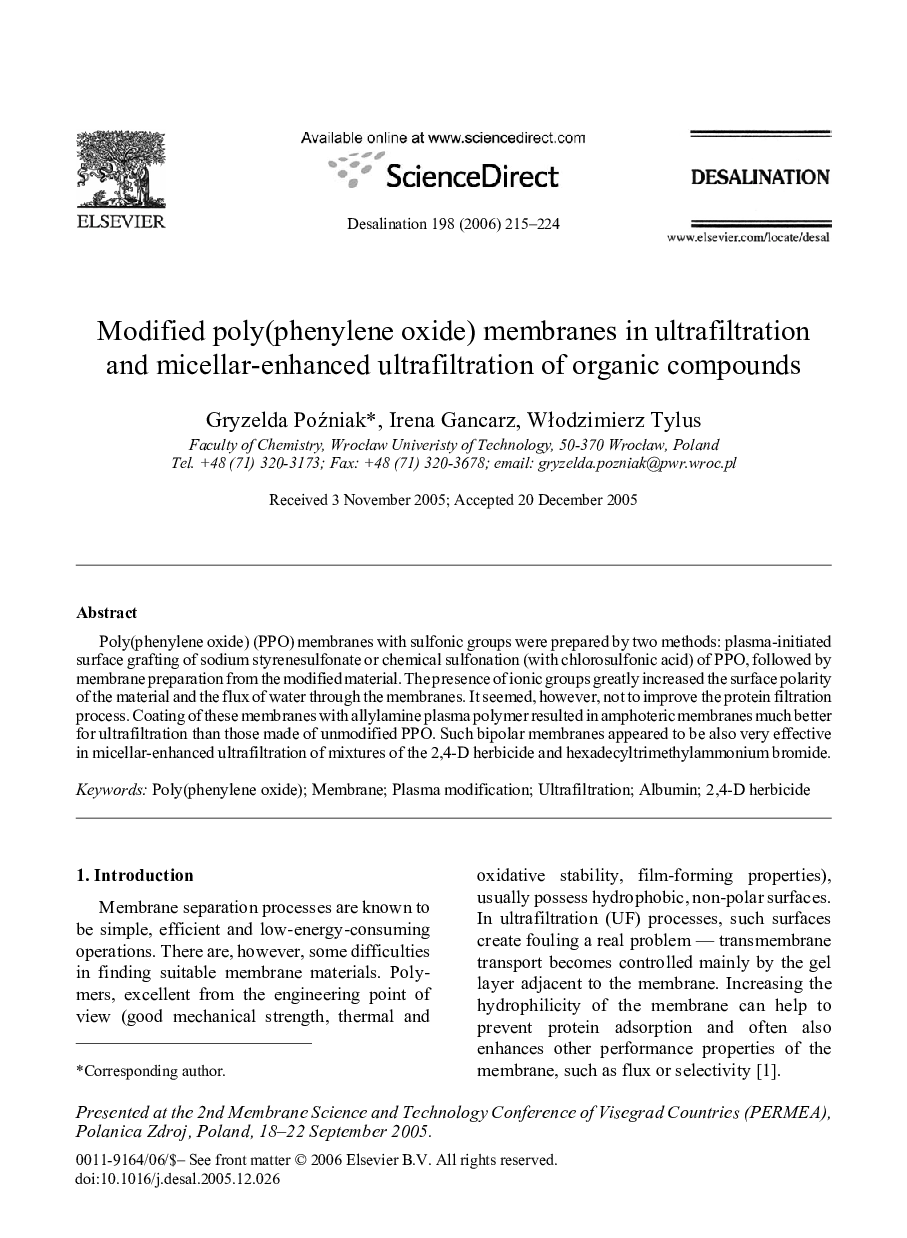 Modified poly(phenylene oxide) membranes in ultrafiltration and micellar-enhanced ultrafiltration of organic compounds