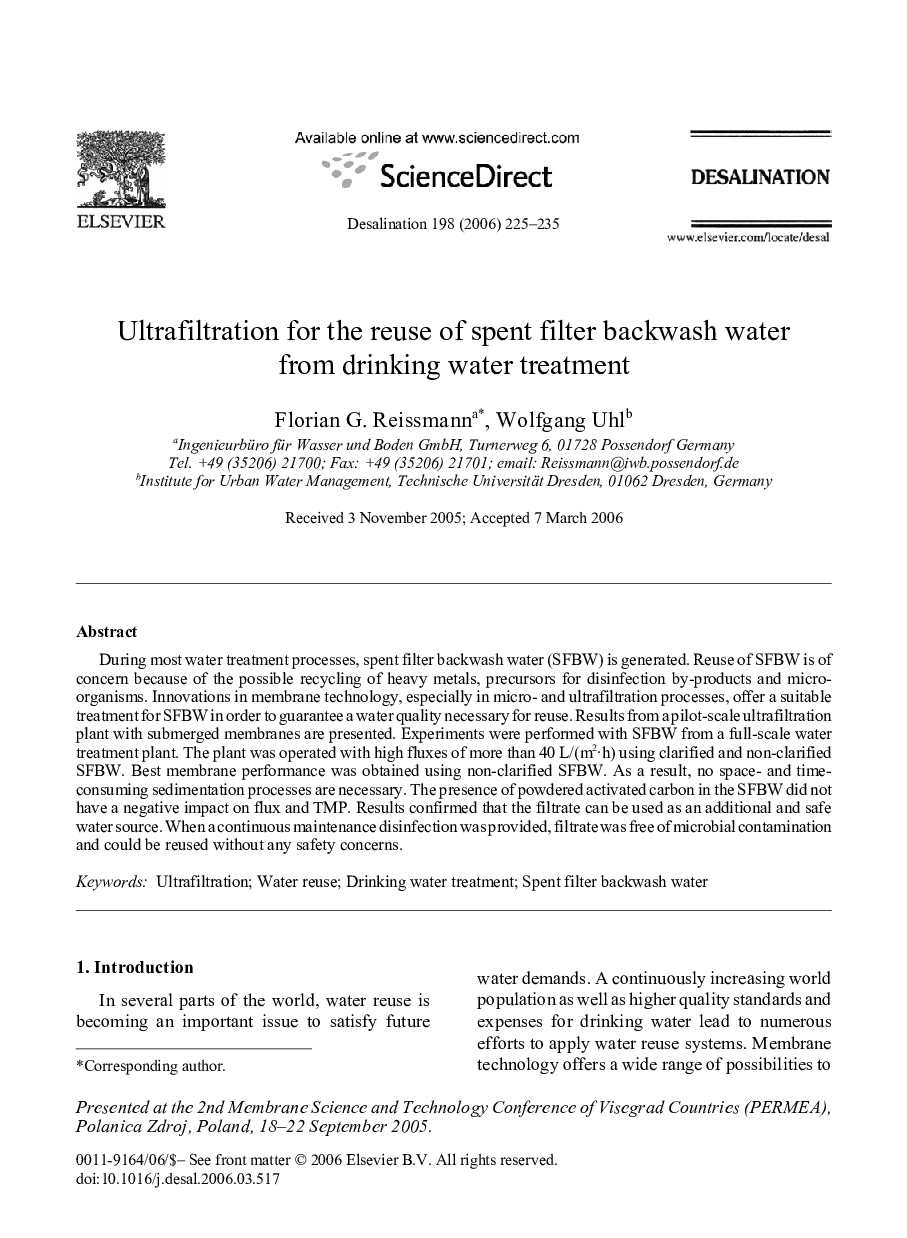 Ultrafiltration for the reuse of spent filter backwash water from drinking water treatment