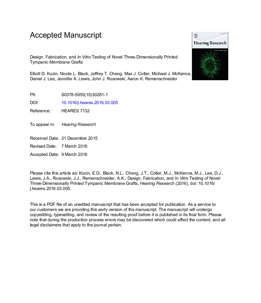 Design, fabrication, and inÂ vitro testing of novel three-dimensionally printed tympanic membrane grafts