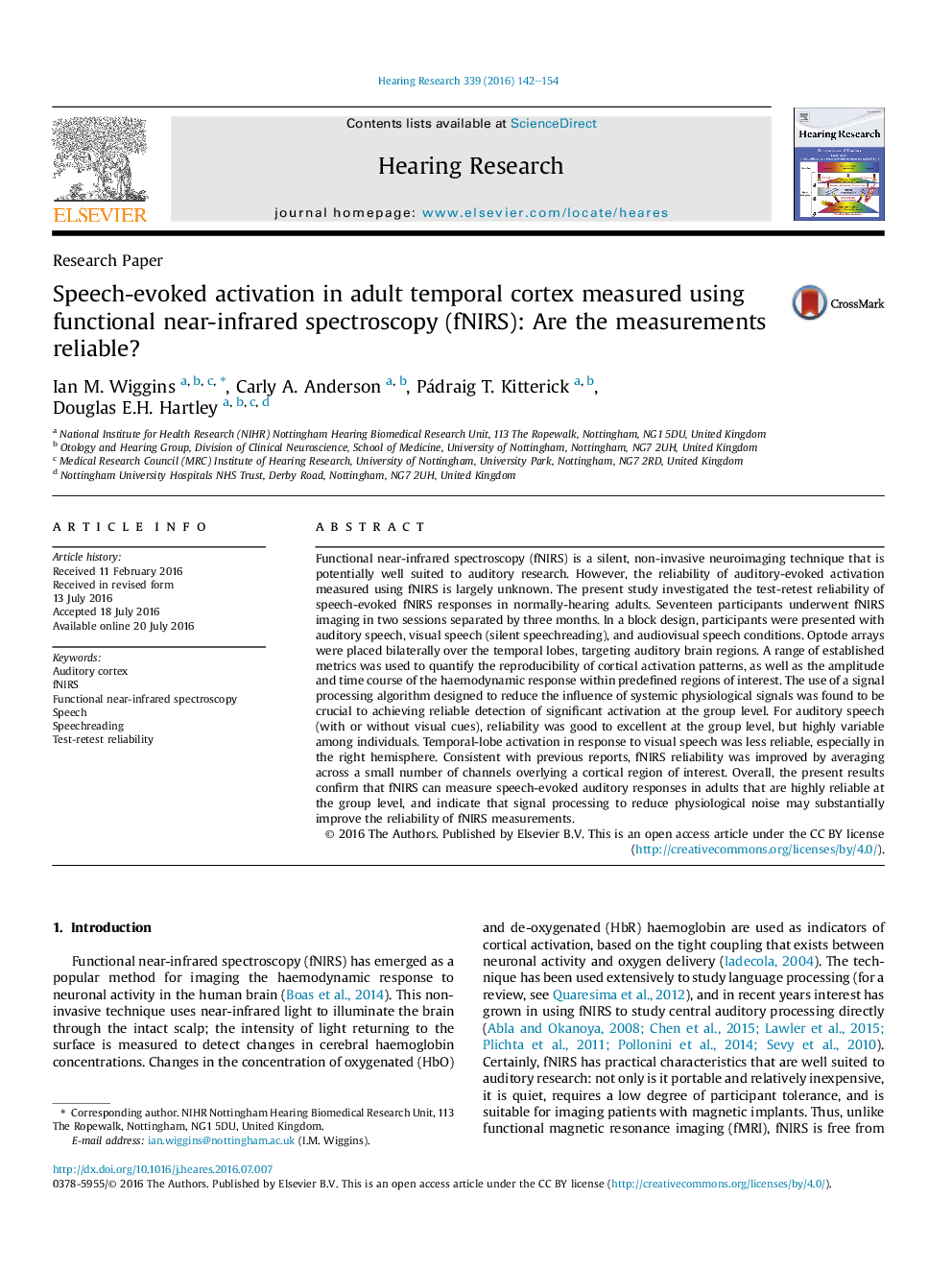 Research PaperSpeech-evoked activation in adult temporal cortex measured using functional near-infrared spectroscopy (fNIRS): Are the measurements reliable?