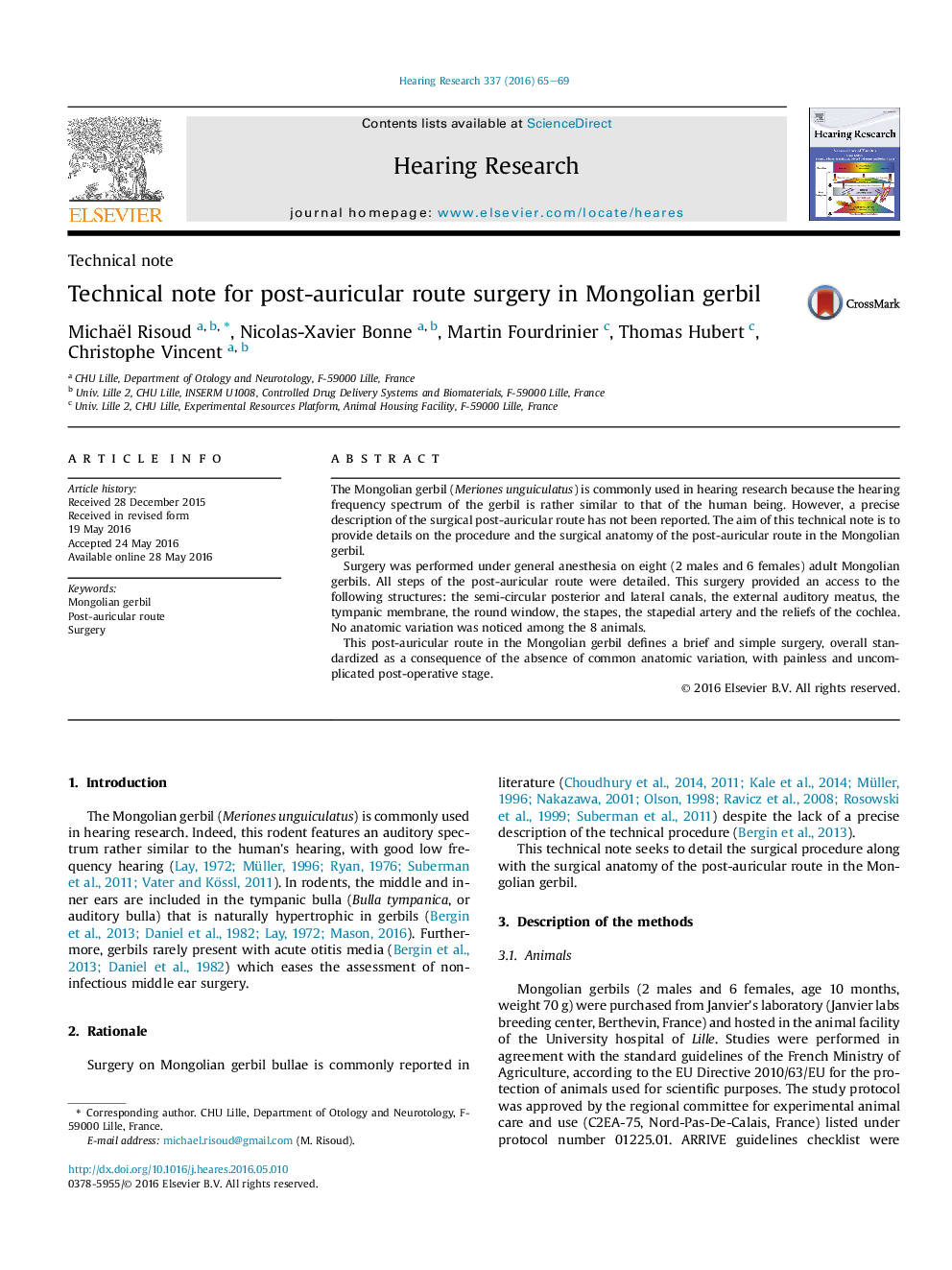 Technical note for post-auricular route surgery in Mongolian gerbil