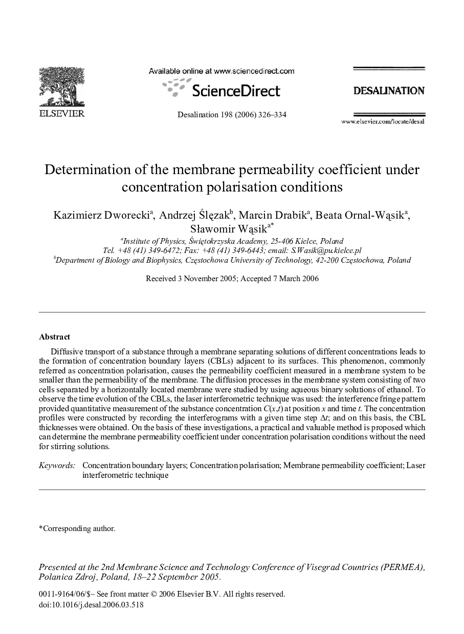 Determination of the membrane permeability coefficient under concentration polarisation conditions