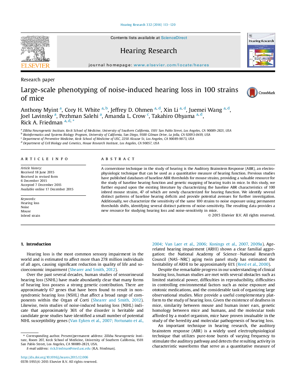 Large-scale phenotyping of noise-induced hearing loss in 100 strains of mice