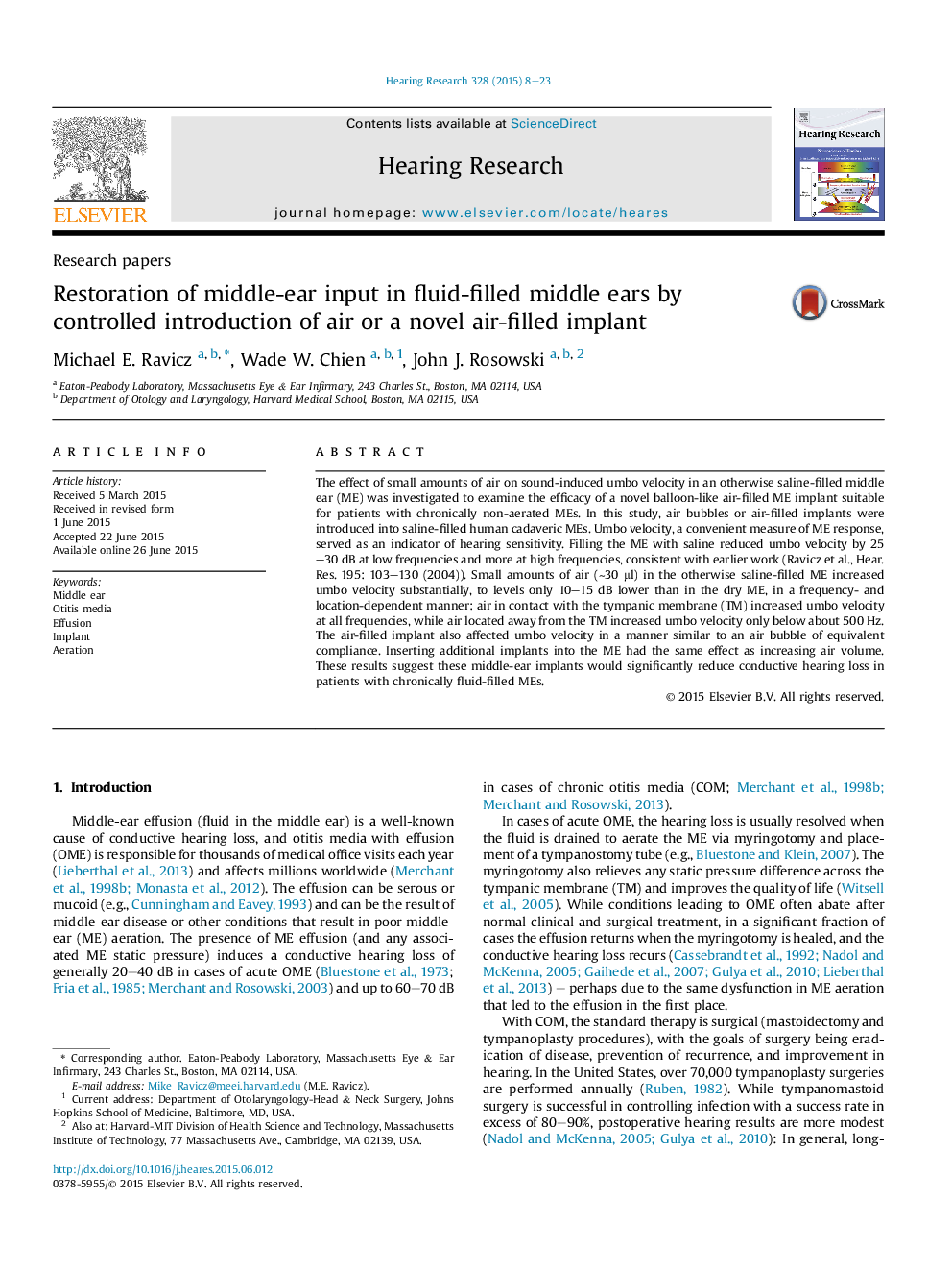 Restoration of middle-ear input in fluid-filled middle ears by controlled introduction of air or a novel air-filled implant