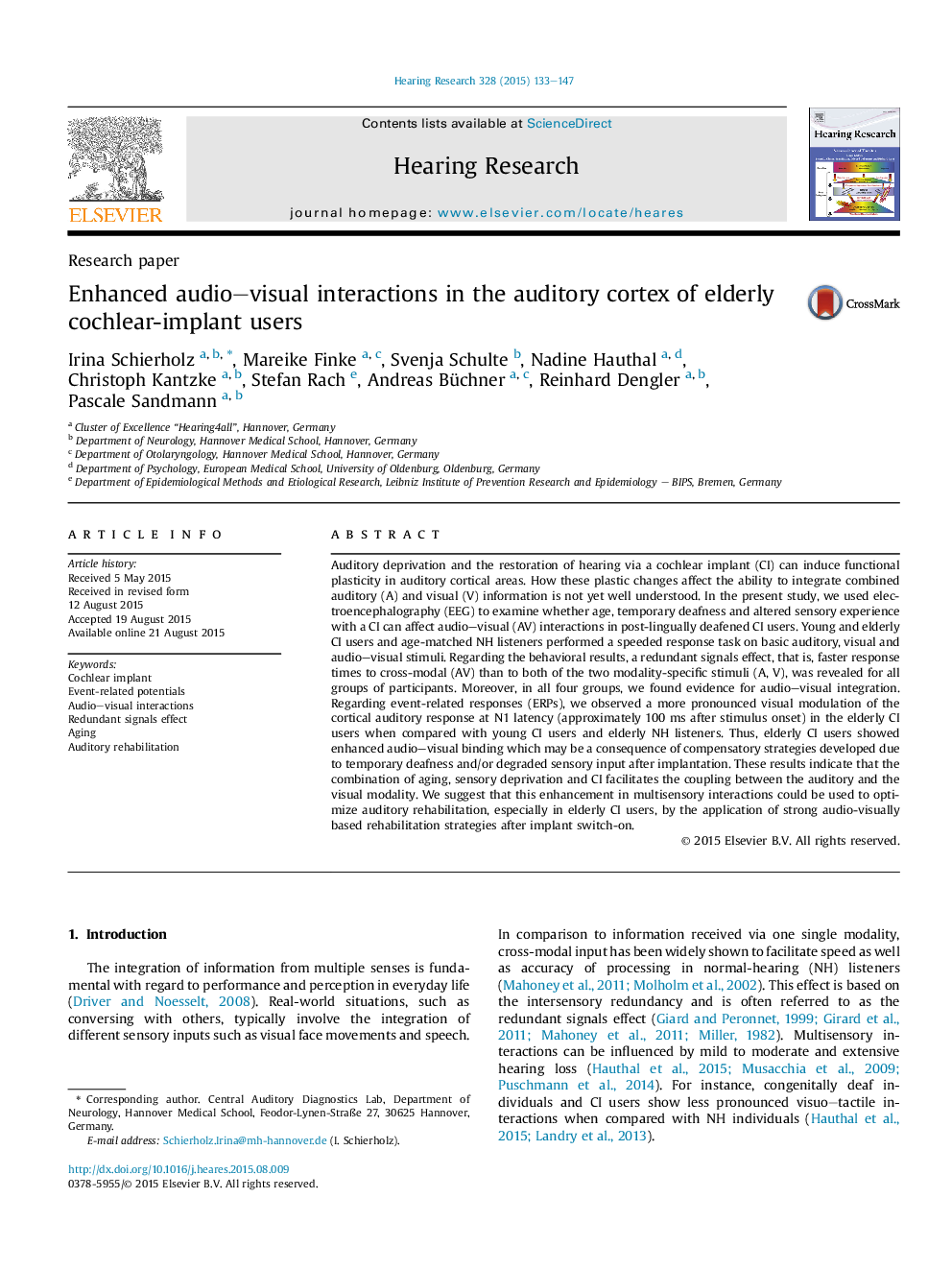 Enhanced audio-visual interactions in the auditory cortex of elderly cochlear-implant users