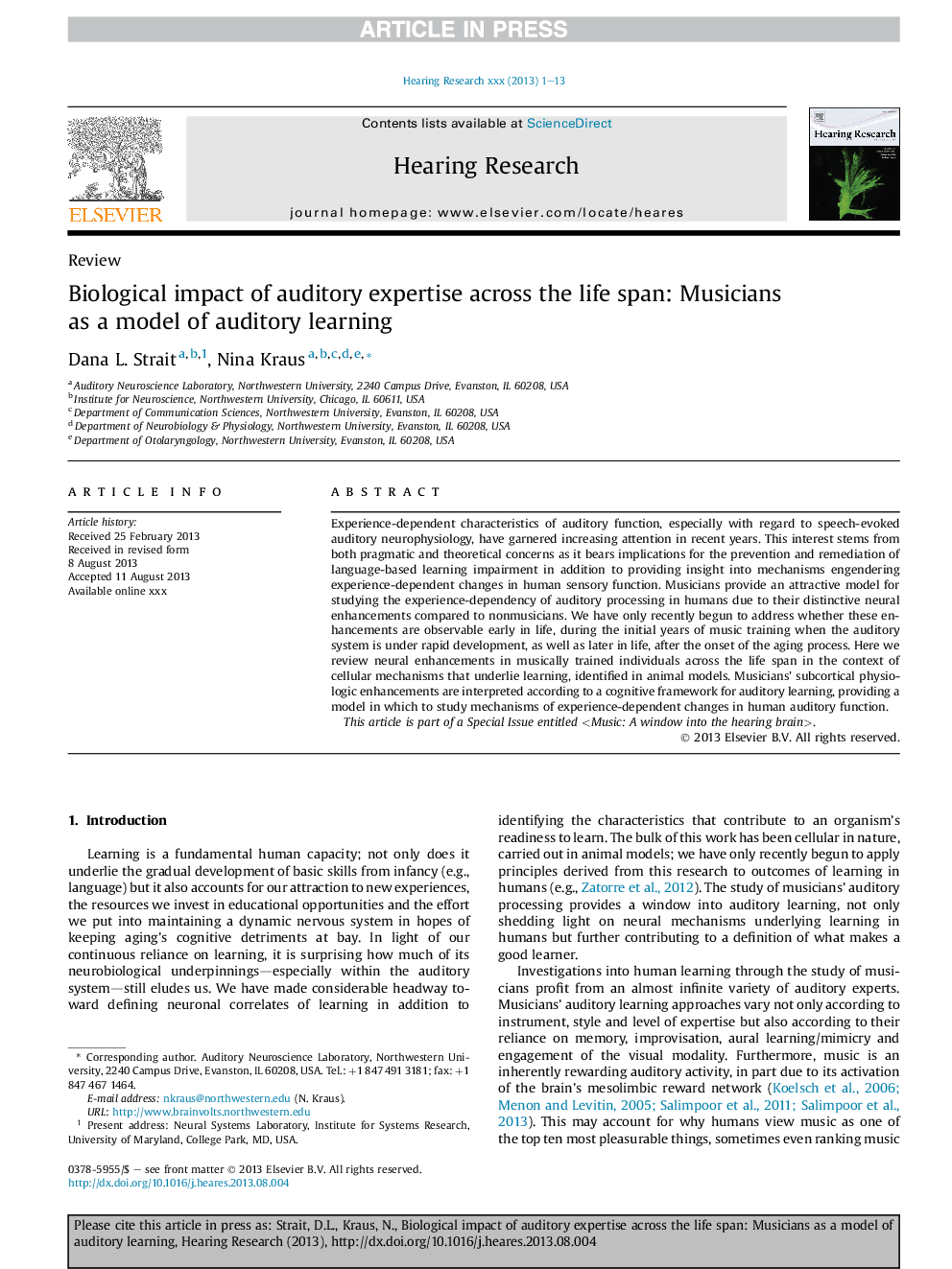 Biological impact of auditory expertise across the life span: Musicians as a model of auditory learning