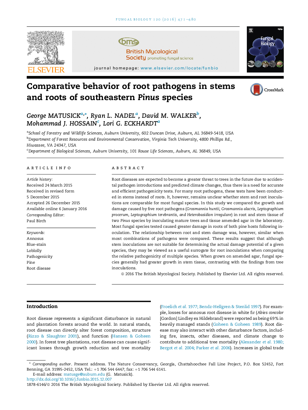 Comparative behavior of root pathogens in stems and roots of southeastern Pinus species