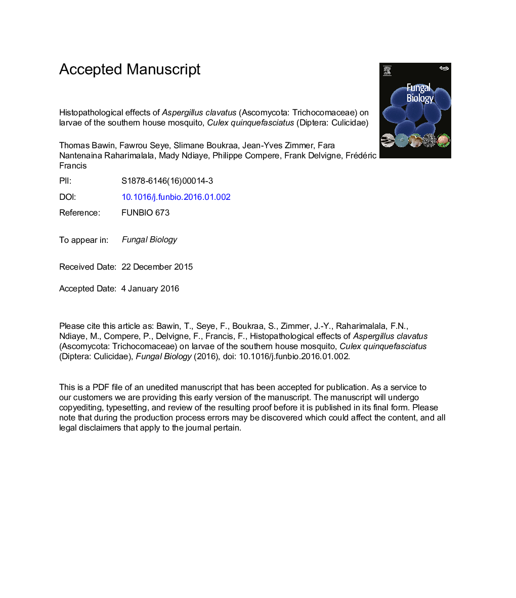 Histopathological effects of Aspergillus clavatus (Ascomycota: Trichocomaceae) on larvae of the southern house mosquito, Culex quinquefasciatus (Diptera: Culicidae)