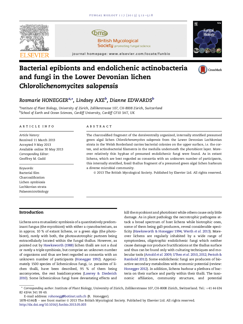 Bacterial epibionts and endolichenic actinobacteria and fungi in the Lower Devonian lichen Chlorolichenomycites salopensis