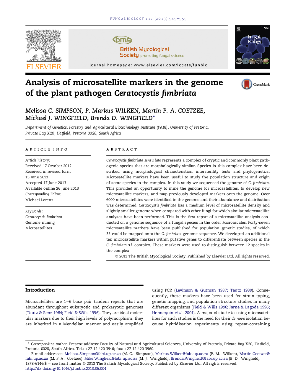 Analysis of microsatellite markers in the genome of the plant pathogen Ceratocystis fimbriata