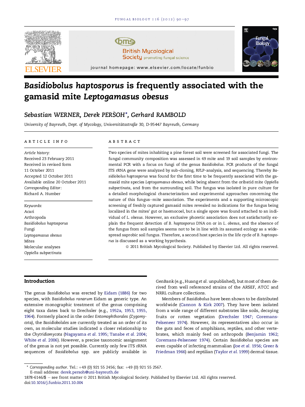 Basidiobolus haptosporus is frequently associated with the gamasid mite Leptogamasus obesus