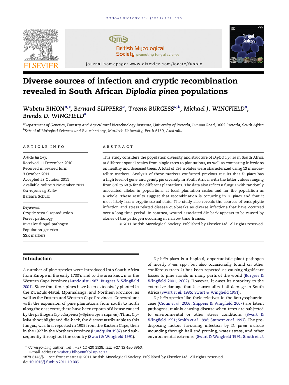 Diverse sources of infection and cryptic recombination revealed in South AfricanÂ Diplodia pinea populations