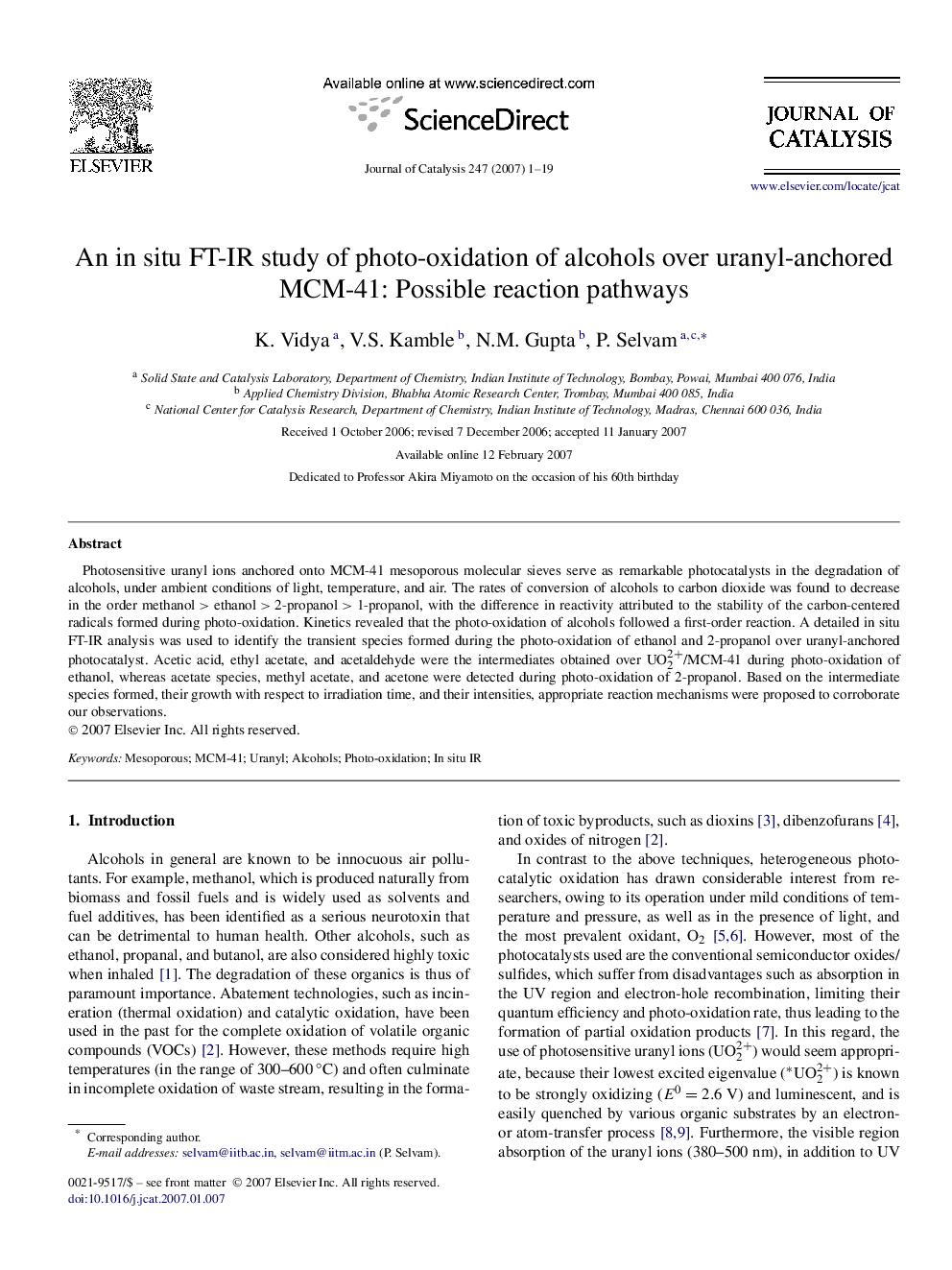 An in situ FT-IR study of photo-oxidation of alcohols over uranyl-anchored MCM-41: Possible reaction pathways