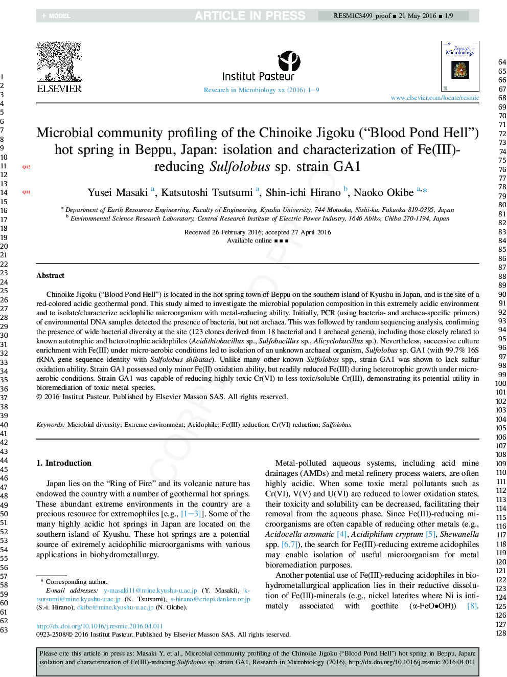 Microbial community profiling of the Chinoike Jigoku (“Blood Pond Hell”) hot spring in Beppu, Japan: isolation and characterization of Fe(III)-reducing Sulfolobus sp. strain GA1