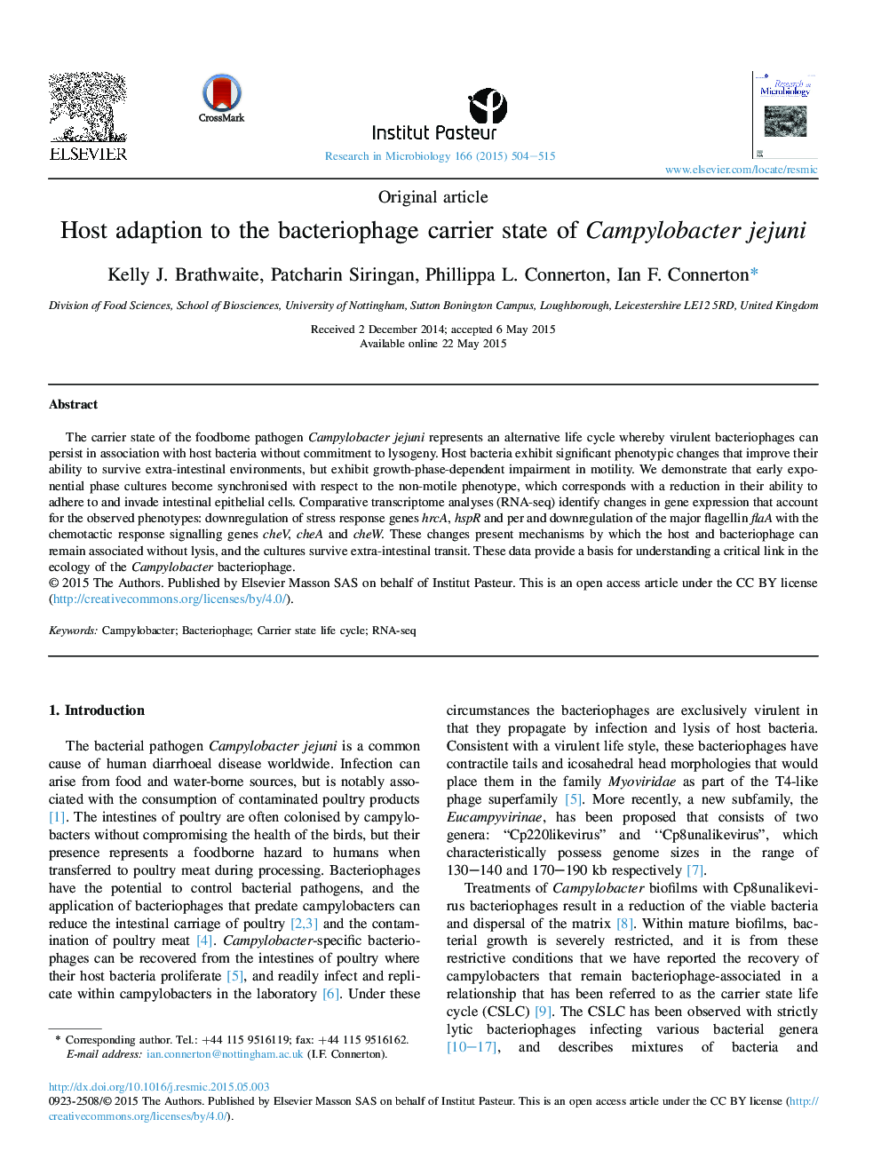 Host adaption to the bacteriophage carrier state of Campylobacter jejuni