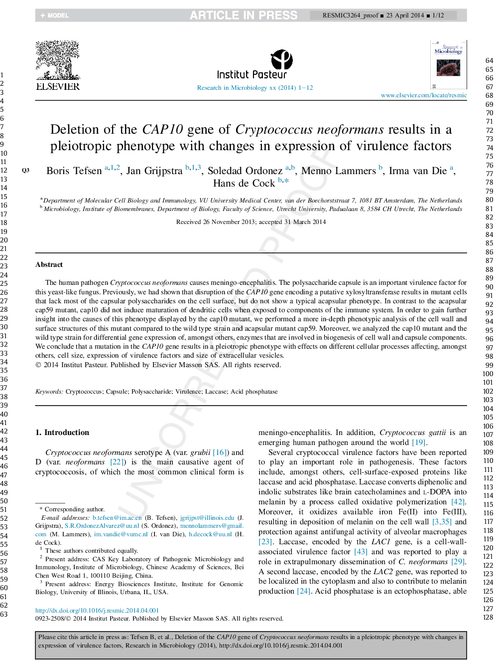 Deletion of the CAP10 gene of Cryptococcus neoformans results in a pleiotropic phenotype with changes in expression of virulence factors