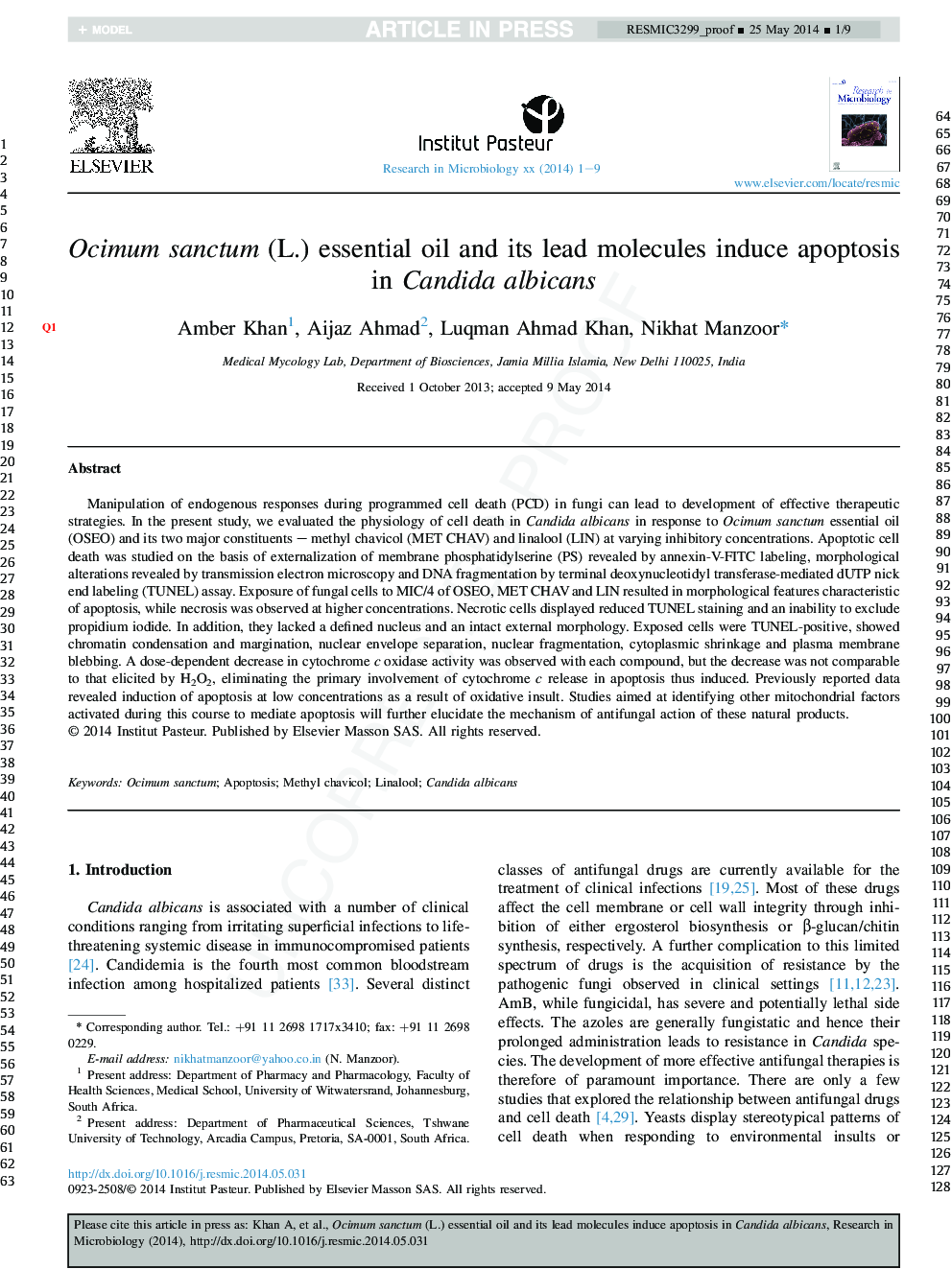 Ocimum sanctum (L.) essential oil and its lead molecules induce apoptosis in Candida albicans