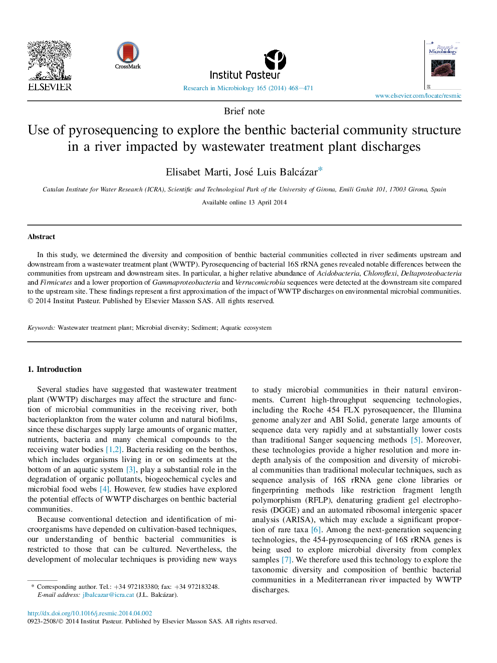 Brief noteUse of pyrosequencing to explore the benthic bacterial community structure in a river impacted by wastewater treatment plant discharges