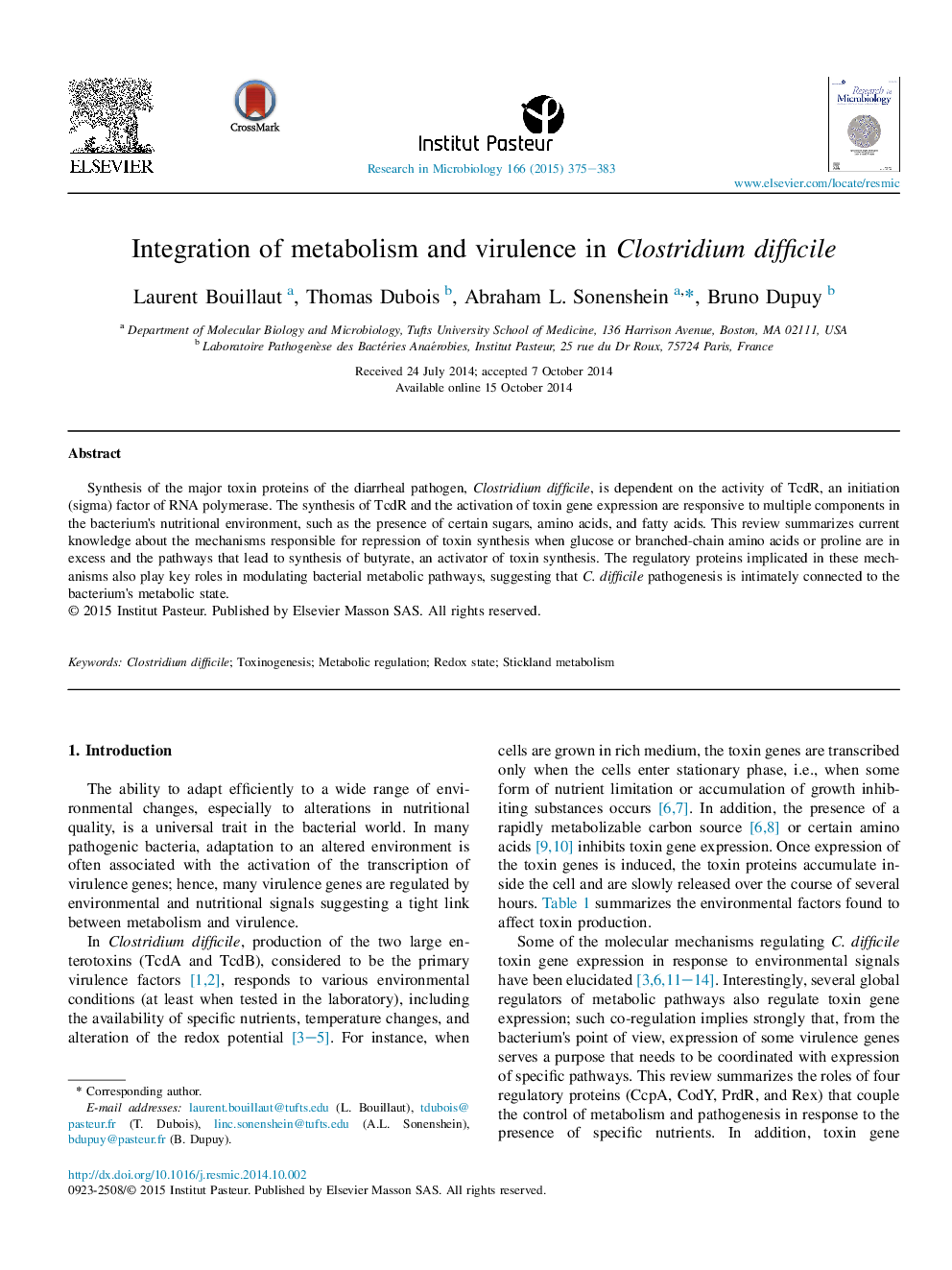 Integration of metabolism and virulence in Clostridium difficile