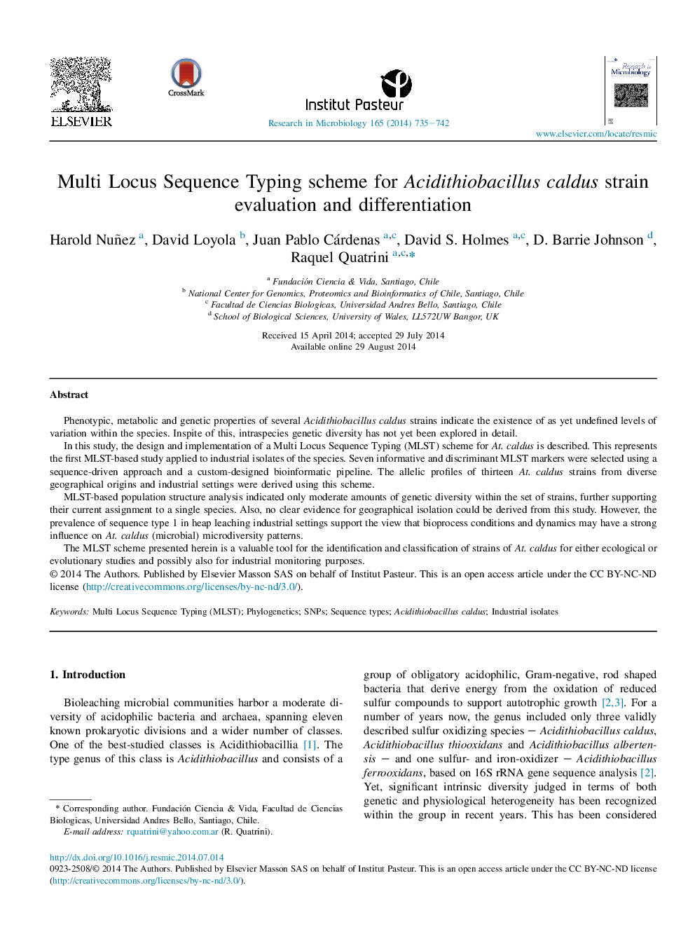 Multi Locus Sequence Typing scheme for Acidithiobacillus caldus strain evaluation and differentiation