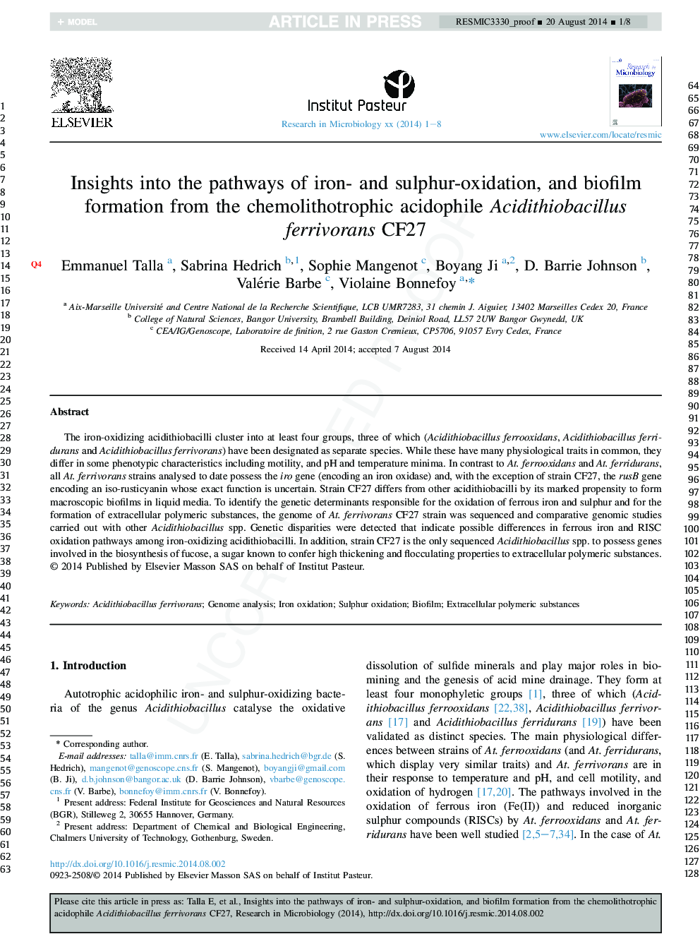 Insights into the pathways of iron- and sulfur-oxidation, and biofilm formation from the chemolithotrophic acidophile Acidithiobacillus ferrivorans CF27