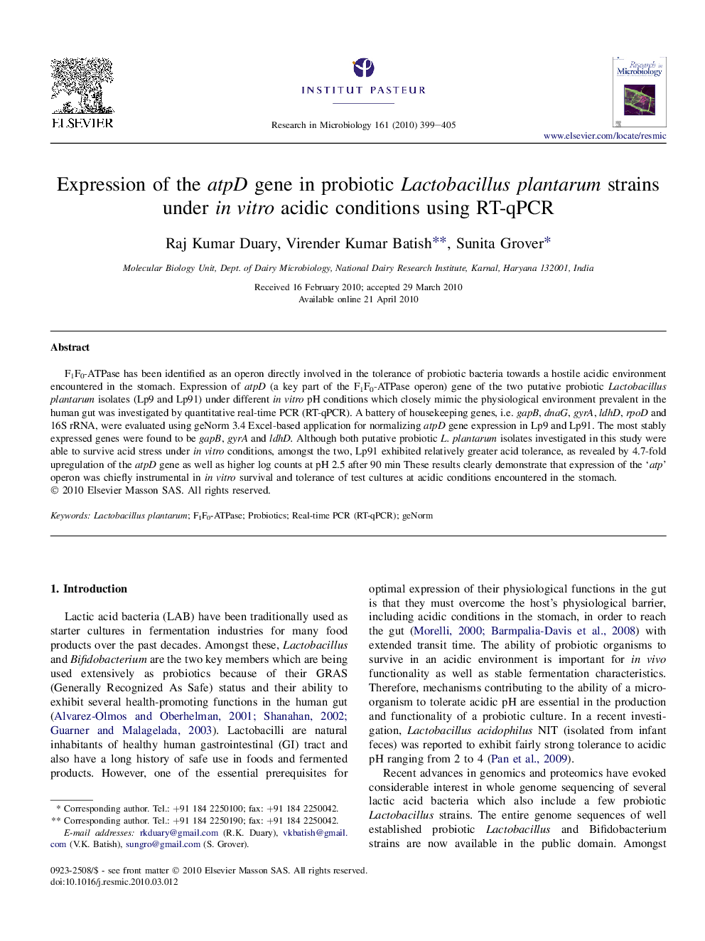 Expression of the atpD gene in probiotic Lactobacillus plantarum strains under in vitro acidic conditions using RT-qPCR