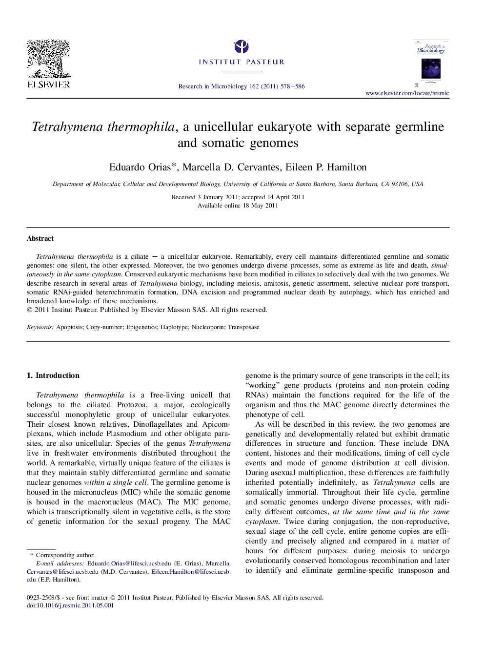 Tetrahymena thermophila, a unicellular eukaryote with separate germline and somatic genomes