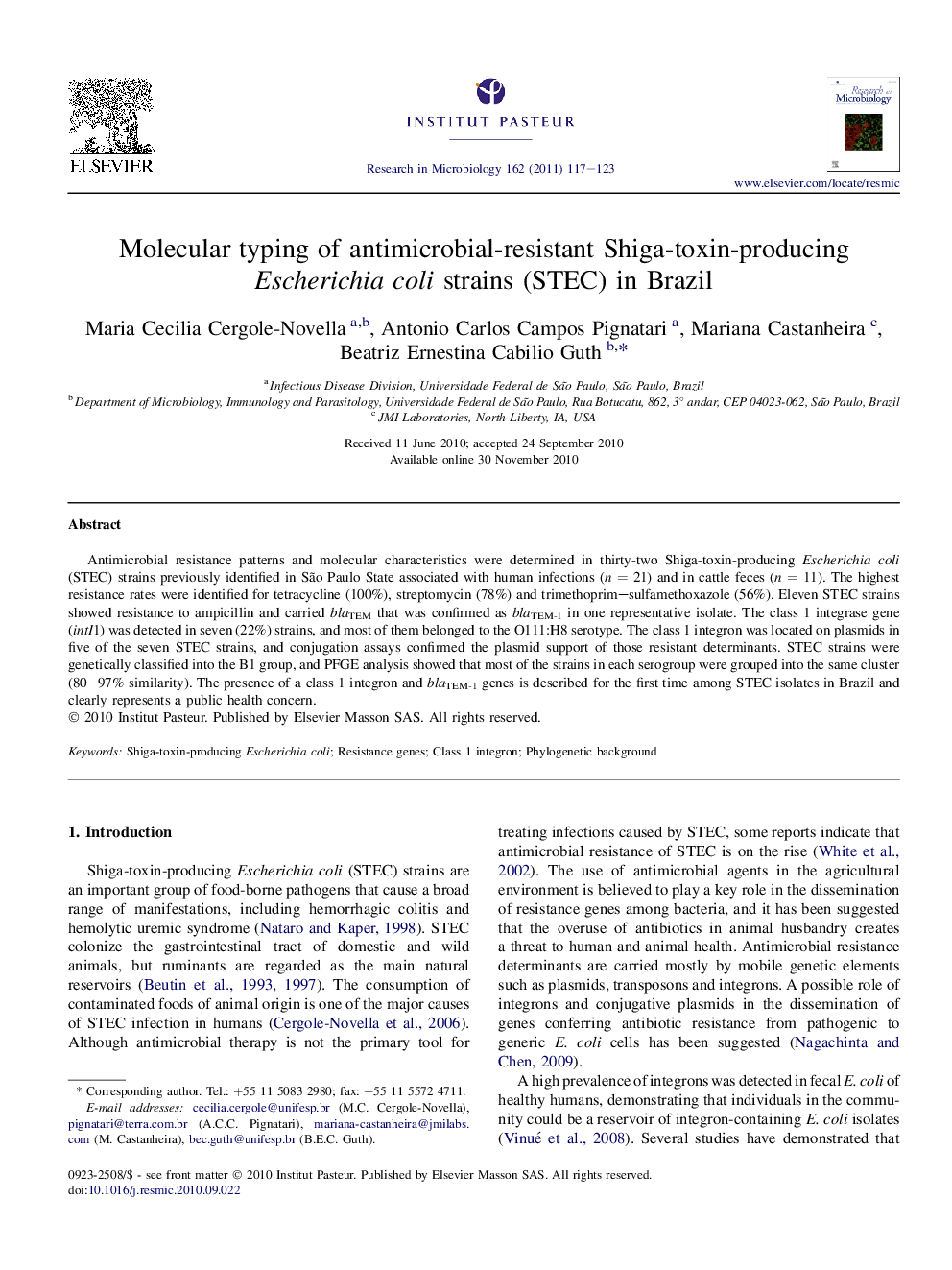 Molecular typing of antimicrobial-resistant Shiga-toxin-producing Escherichia coli strains (STEC) in Brazil