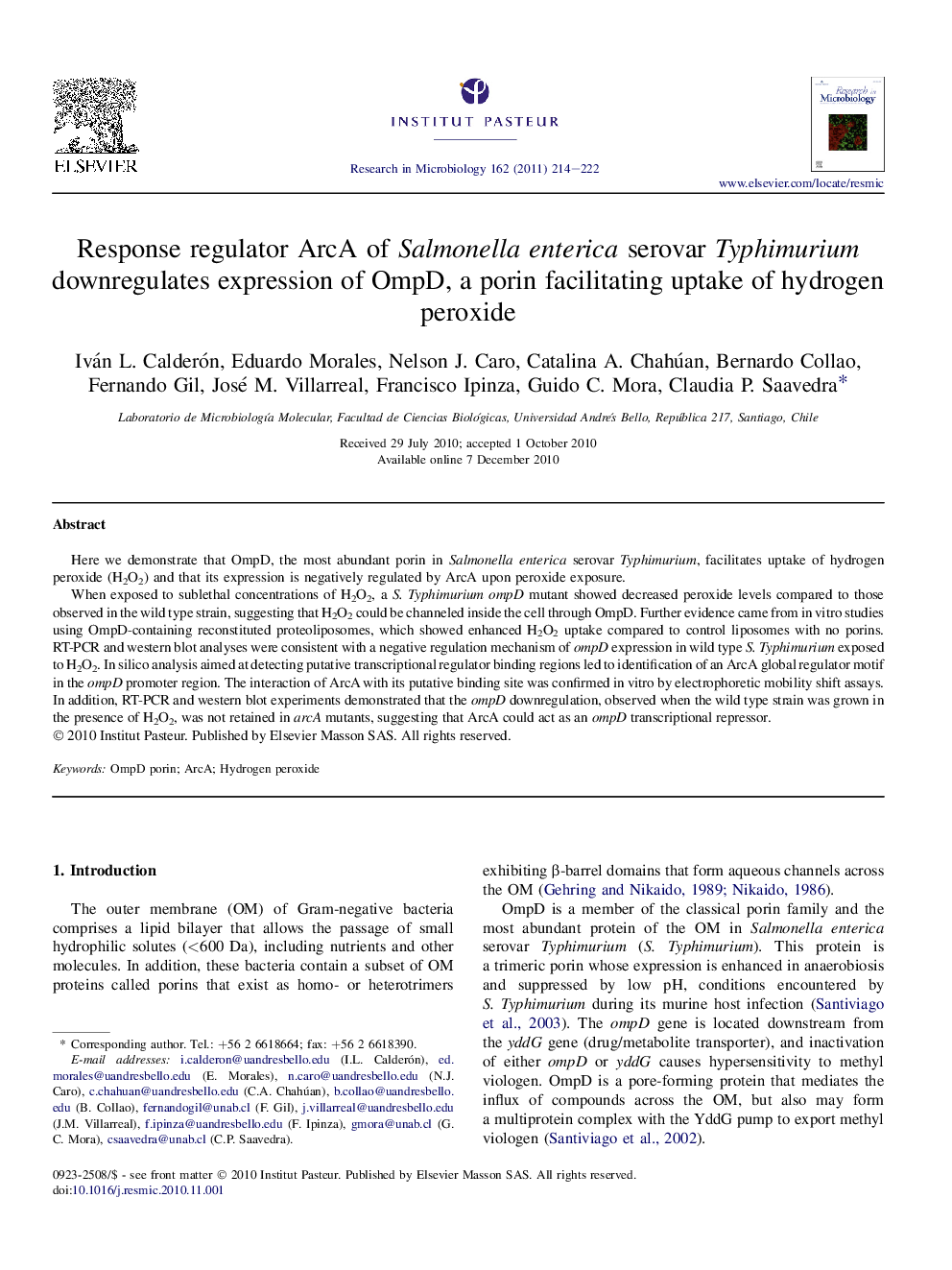 Response regulator ArcA of Salmonella enterica serovar Typhimurium downregulates expression of OmpD, a porin facilitating uptake of hydrogen peroxide