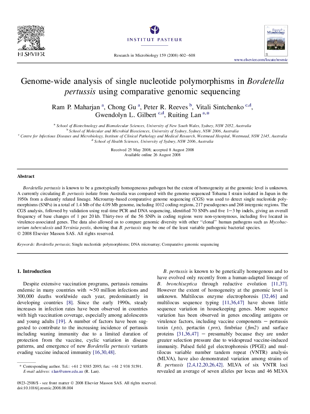 Genome-wide analysis of single nucleotide polymorphisms in Bordetella pertussis using comparative genomic sequencing