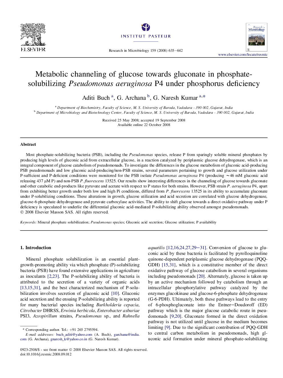 Metabolic channeling of glucose towards gluconate in phosphate-solubilizing Pseudomonas aeruginosa P4 under phosphorus deficiency