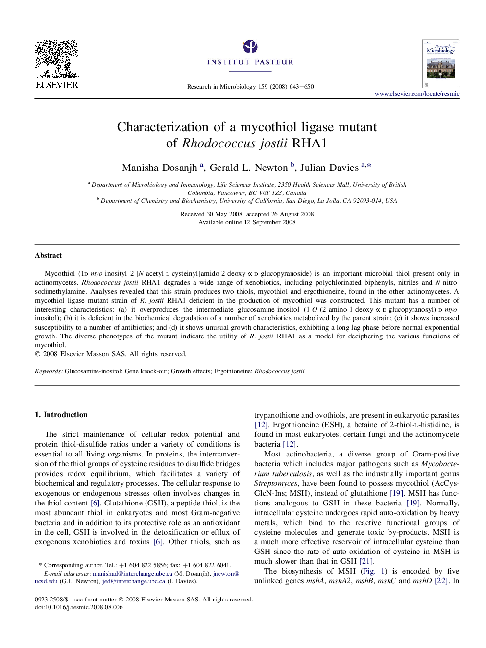 Characterization of a mycothiol ligase mutant of Rhodococcus jostii RHA1