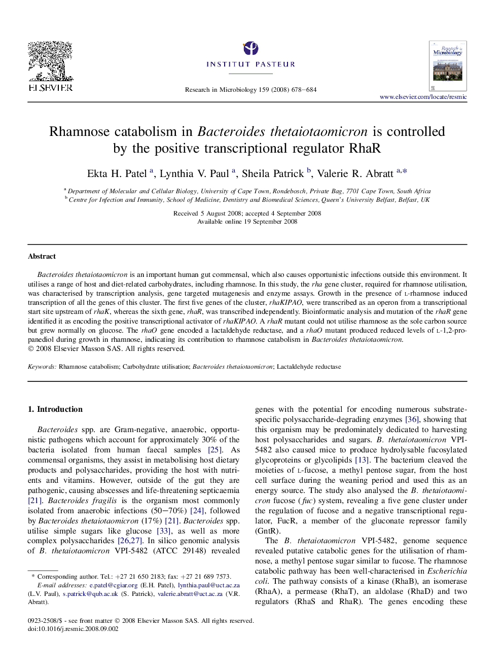 Rhamnose catabolism in Bacteroides thetaiotaomicron is controlled by the positive transcriptional regulator RhaR