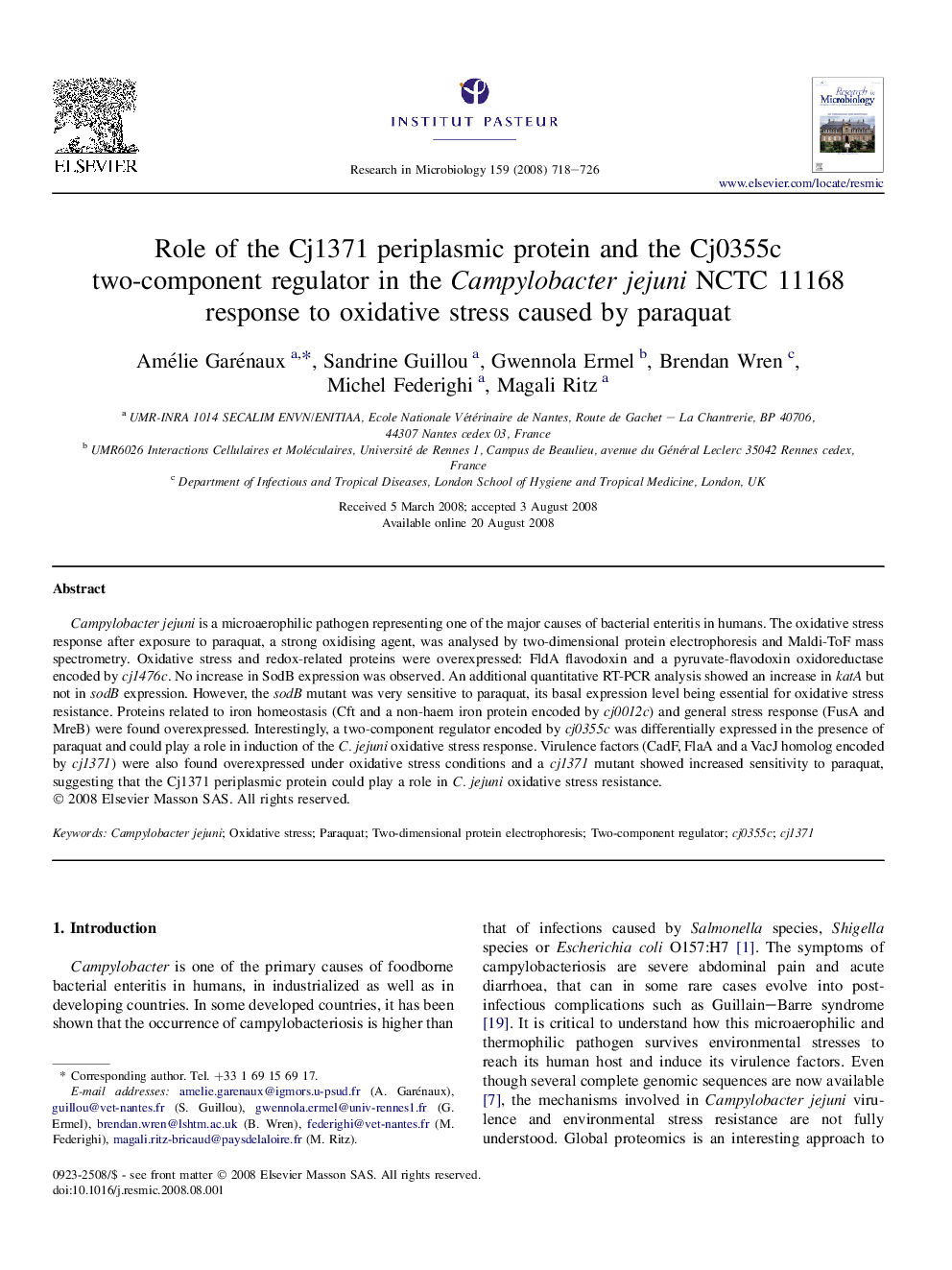 Role of the Cj1371 periplasmic protein and the Cj0355c two-component regulator in the Campylobacter jejuni NCTC 11168 response to oxidative stress caused by paraquat