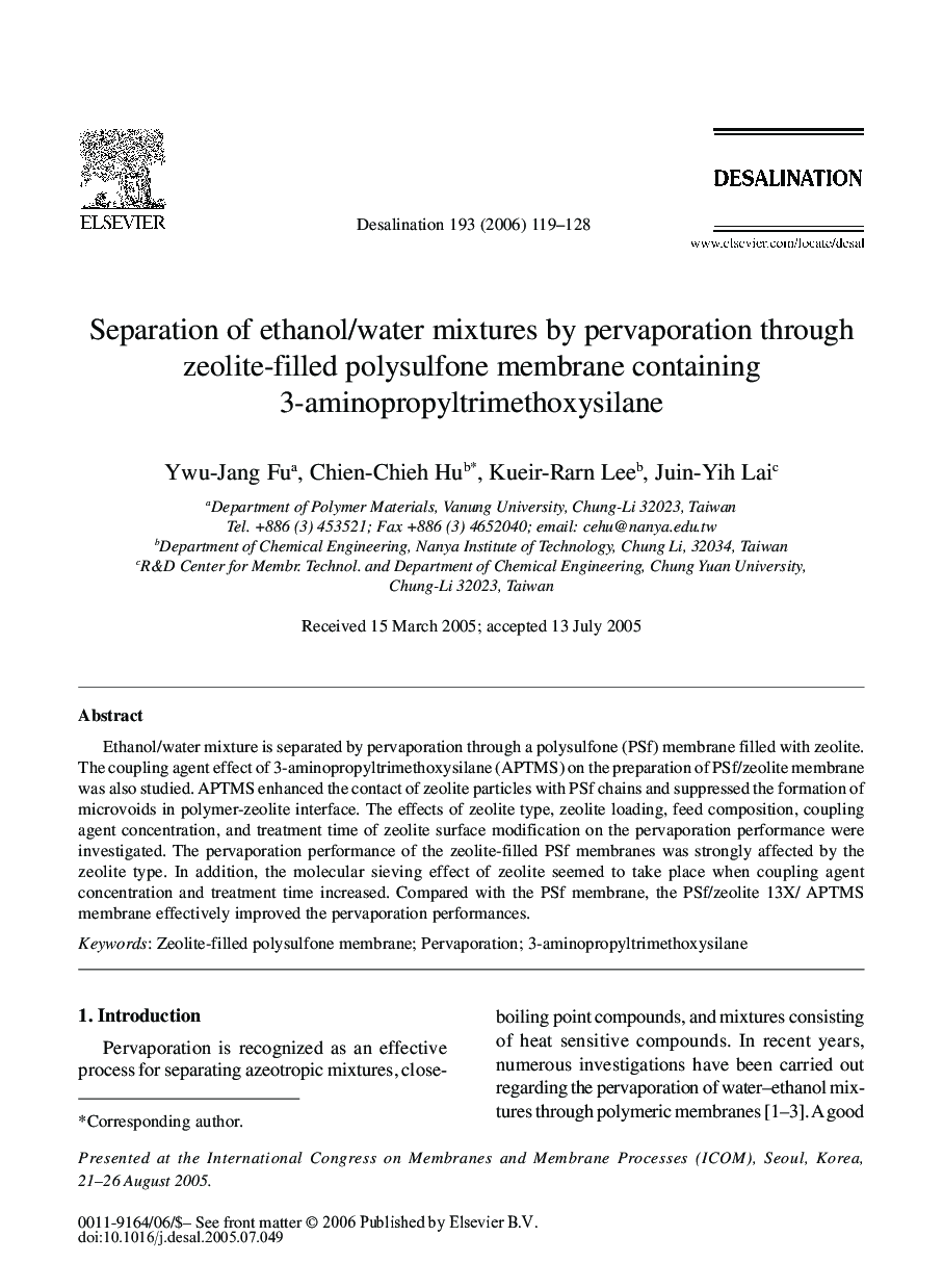 Separation of ethanol/water mixtures by pervaporation through zeolite-filled polysulfone membrane containing 3-aminopropyltrimethoxysilane