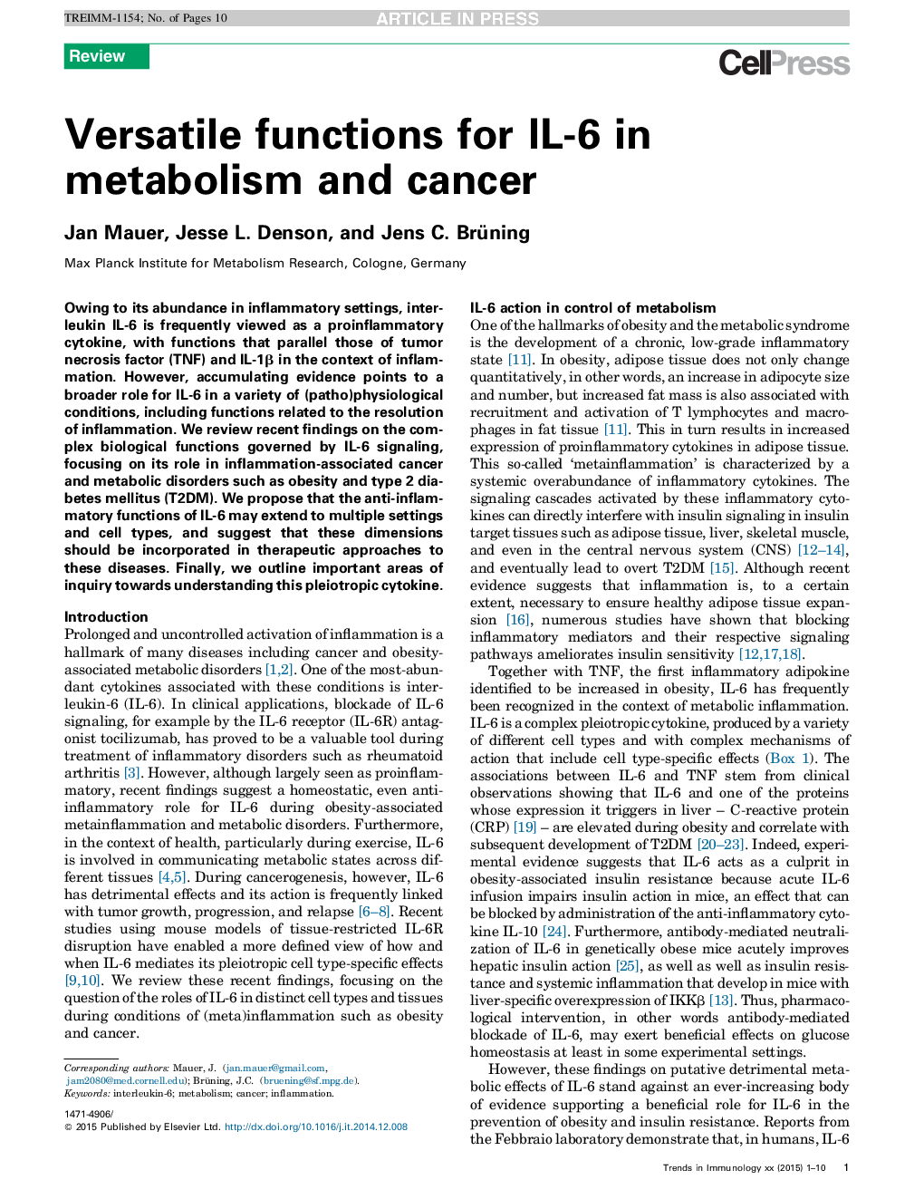 عکس صفحه اول مقاله: Versatile functions for IL-6 in metabolism and cancer Versatile functions for IL-6 in metabolism and cancer