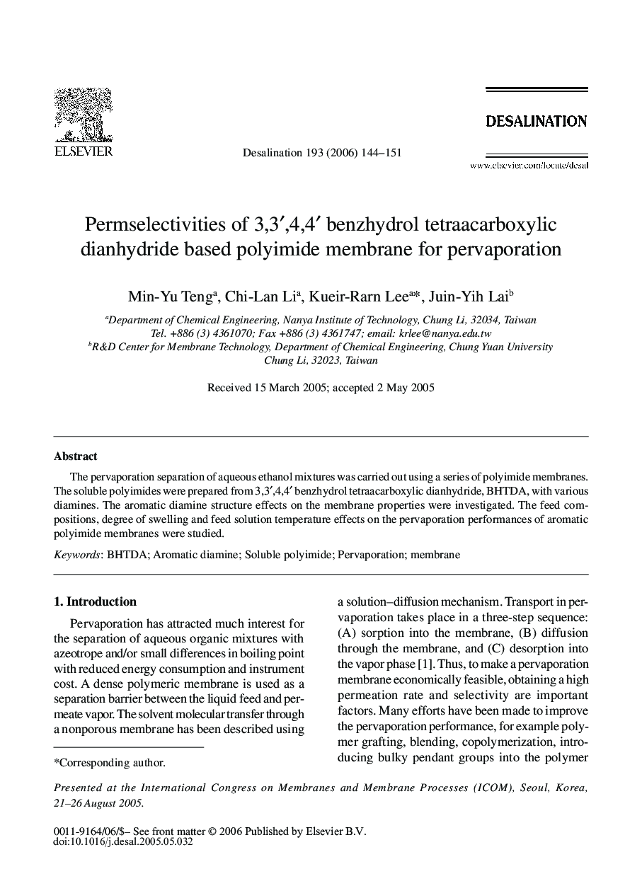 Permselectivities of 3,3â²,4,4â² benzhydrol tetraacarboxylic dianhydride based polyimide membrane for pervaporation