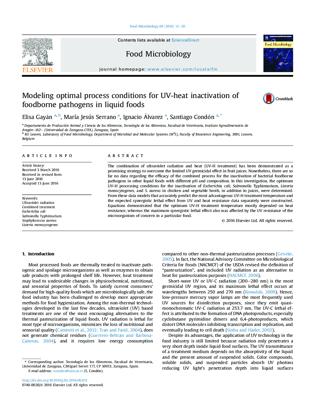 Modeling optimal process conditions for UV-heat inactivation of foodborne pathogens in liquid foods