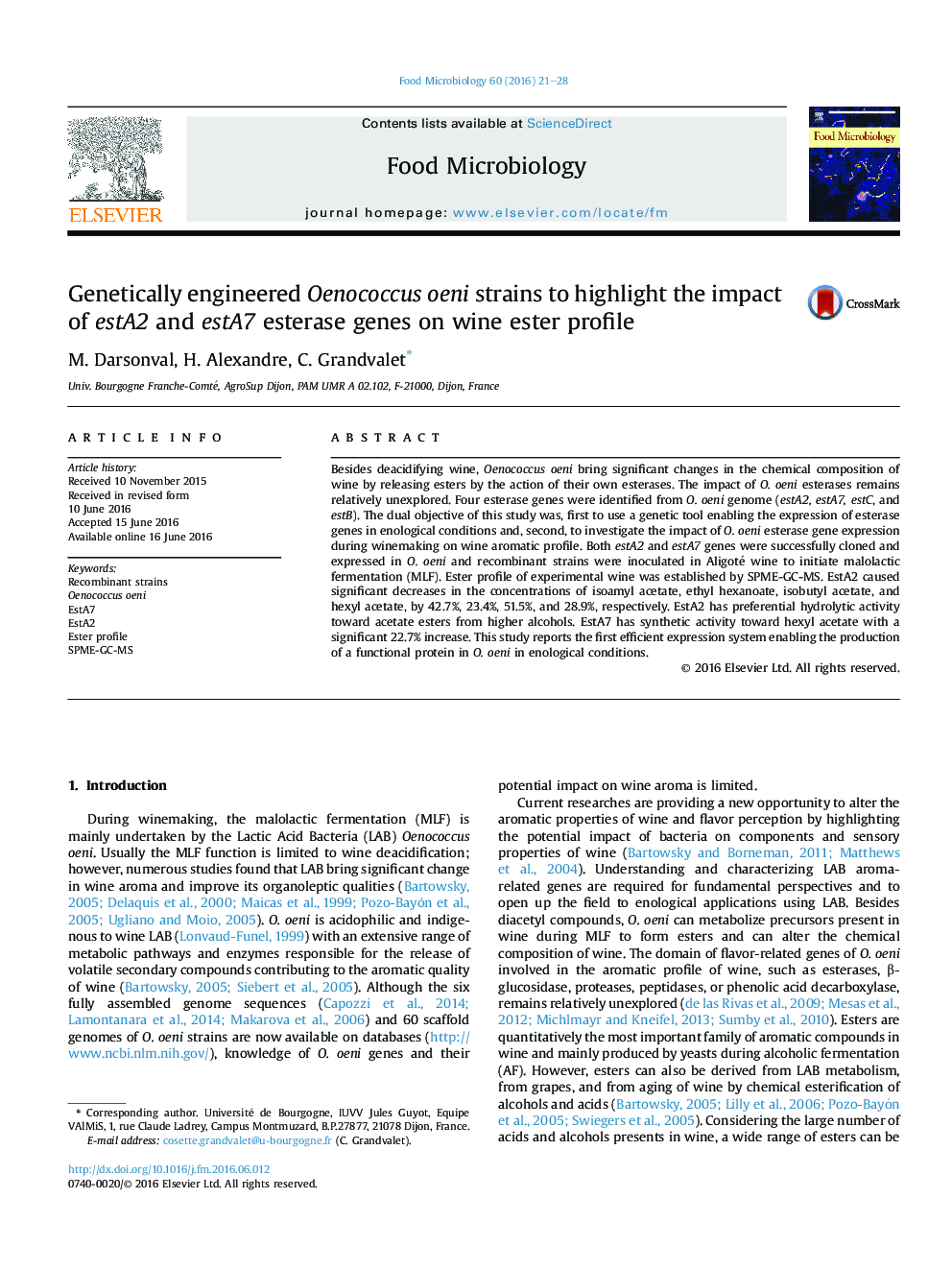 Genetically engineered Oenococcus oeni strains to highlight the impact of estA2 and estA7 esterase genes on wine ester profile