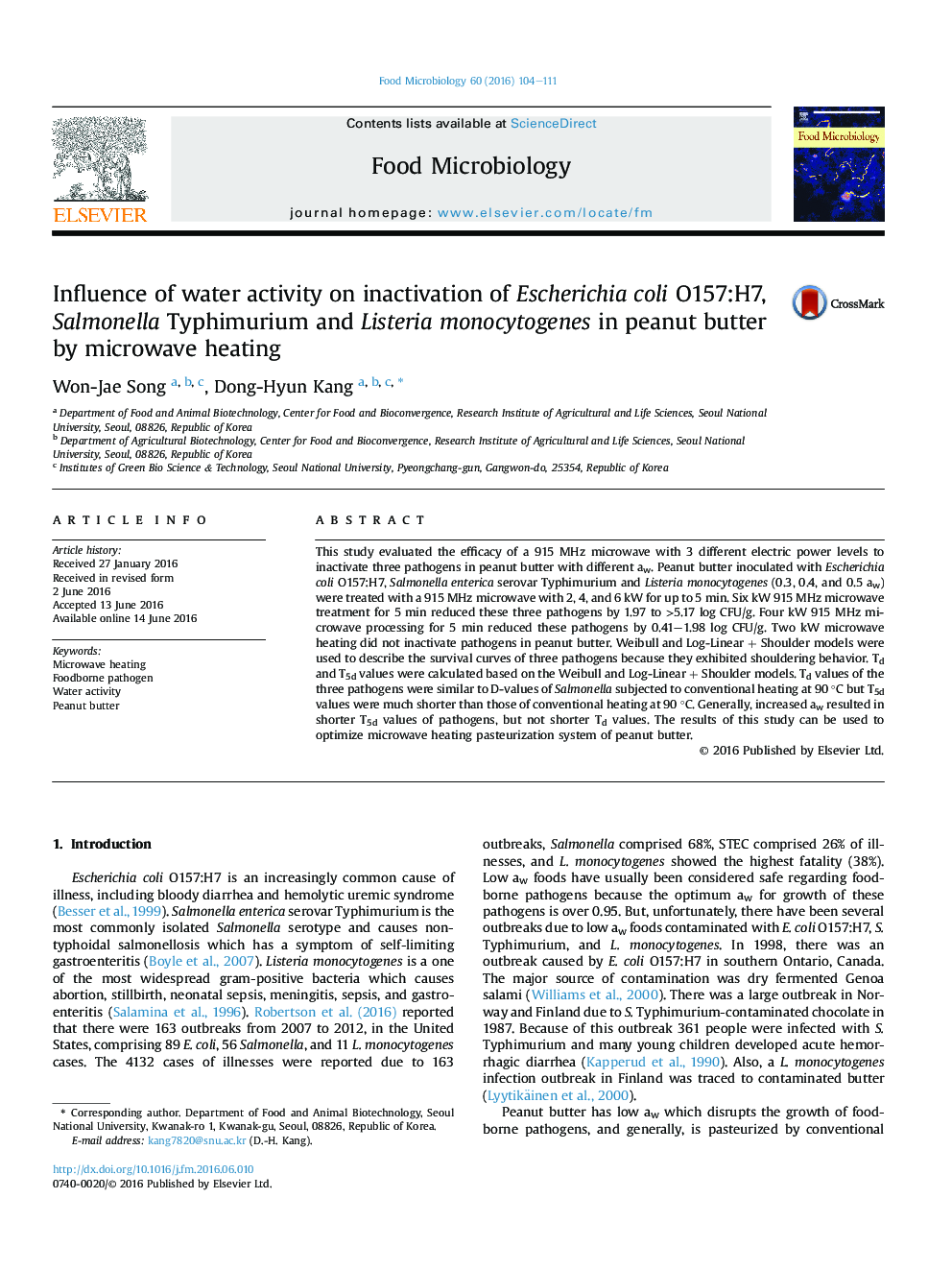 عکس صفحه اول مقاله: Influence of water activity on inactivation of Escherichia coli O157:H7, Salmonella Typhimurium and Listeria monocytogenes in peanut butter by microwave heating Influence of water activity on inactivation of Escherichia coli O157:H7, Salmonella Typhimurium and Listeria monocytogenes in peanut butter by microwave heating