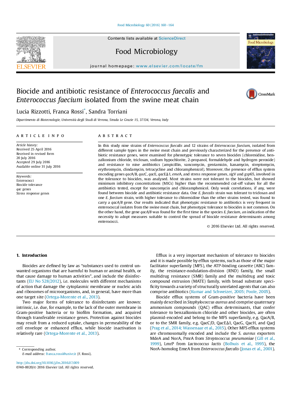 Biocide and antibiotic resistance of Enterococcus faecalis and Enterococcus faecium isolated from the swine meat chain