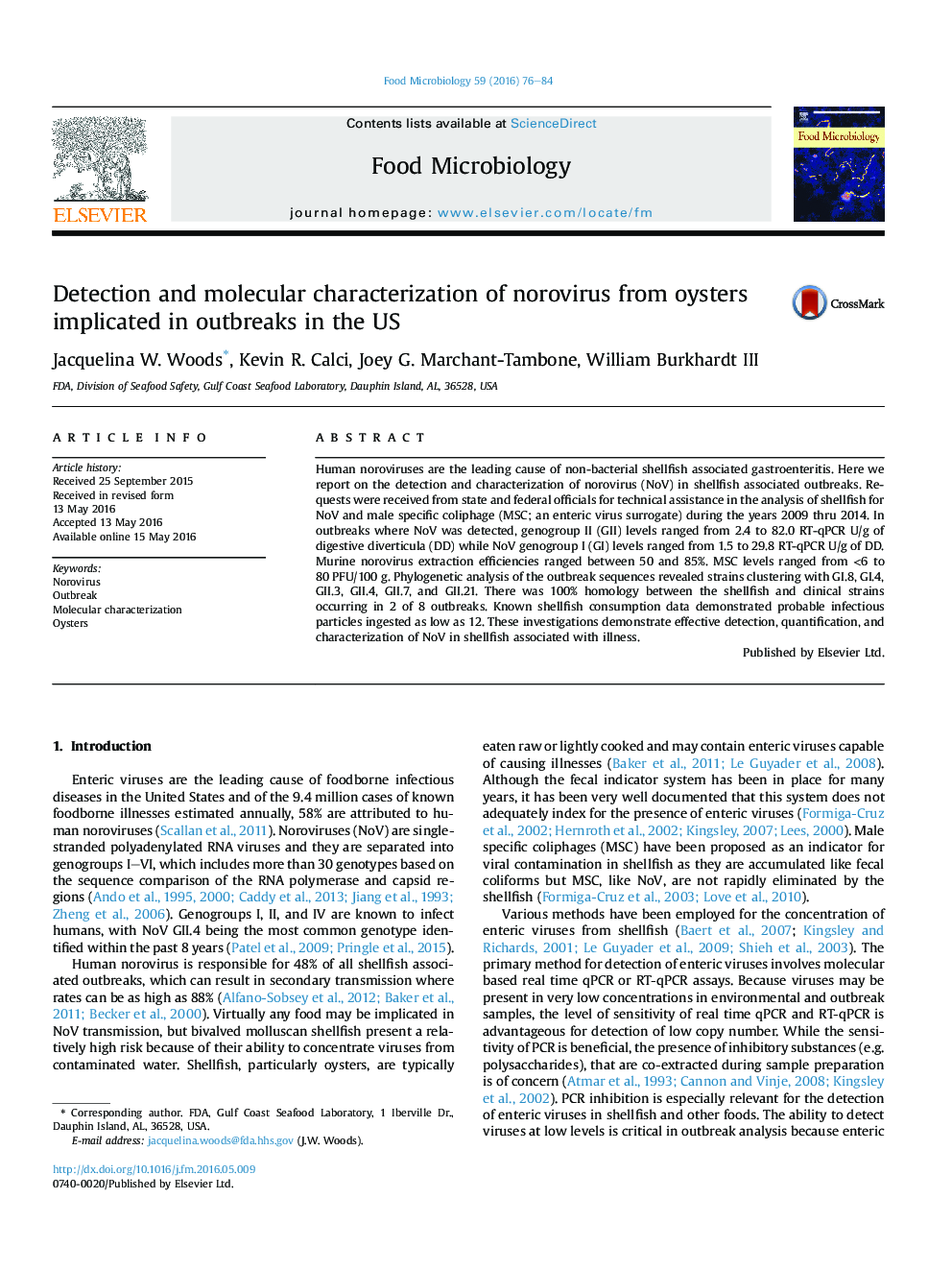 Detection and molecular characterization of norovirus from oysters implicated in outbreaks in the US