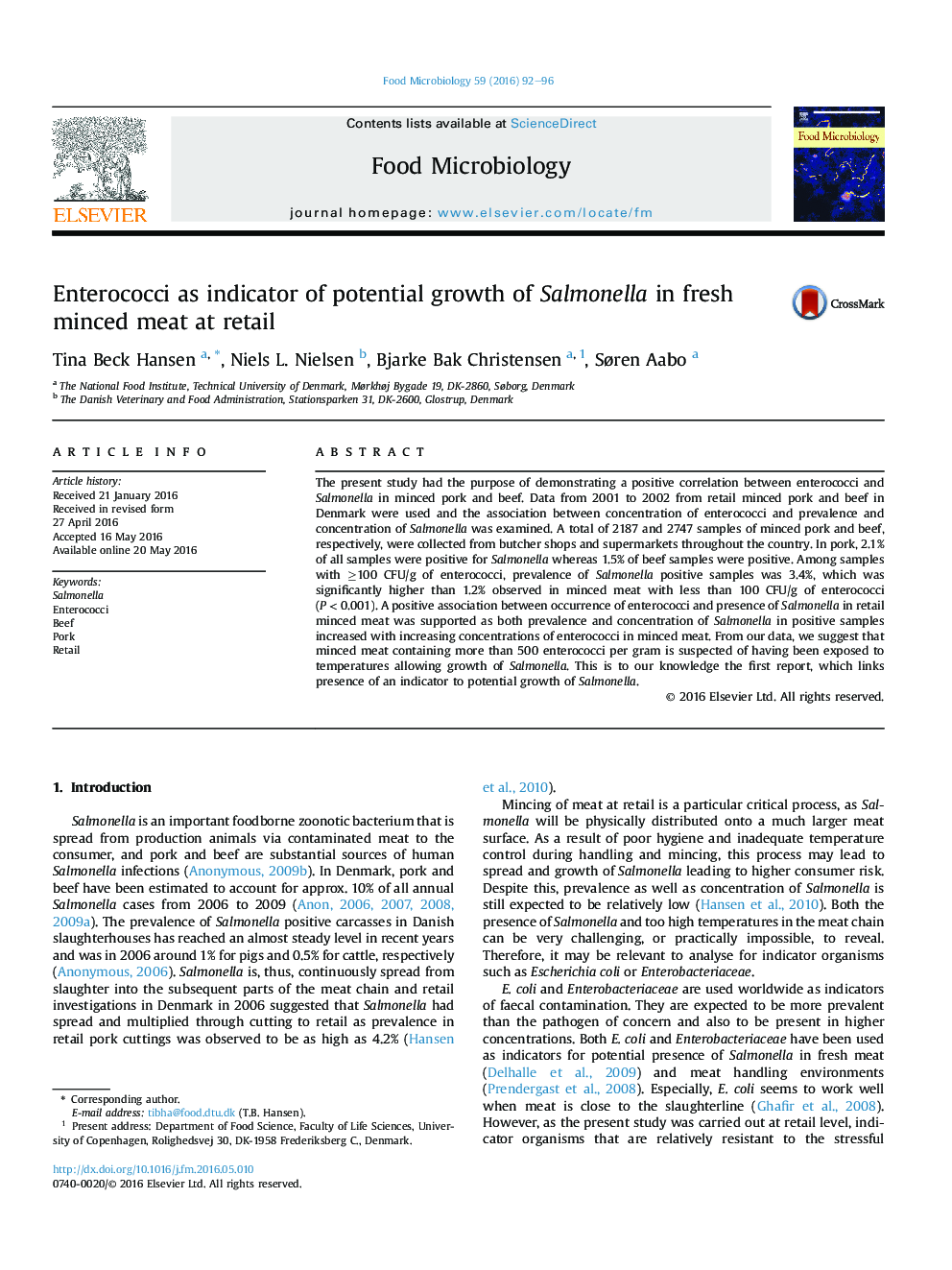 Enterococci as indicator of potential growth of Salmonella in fresh minced meat at retail